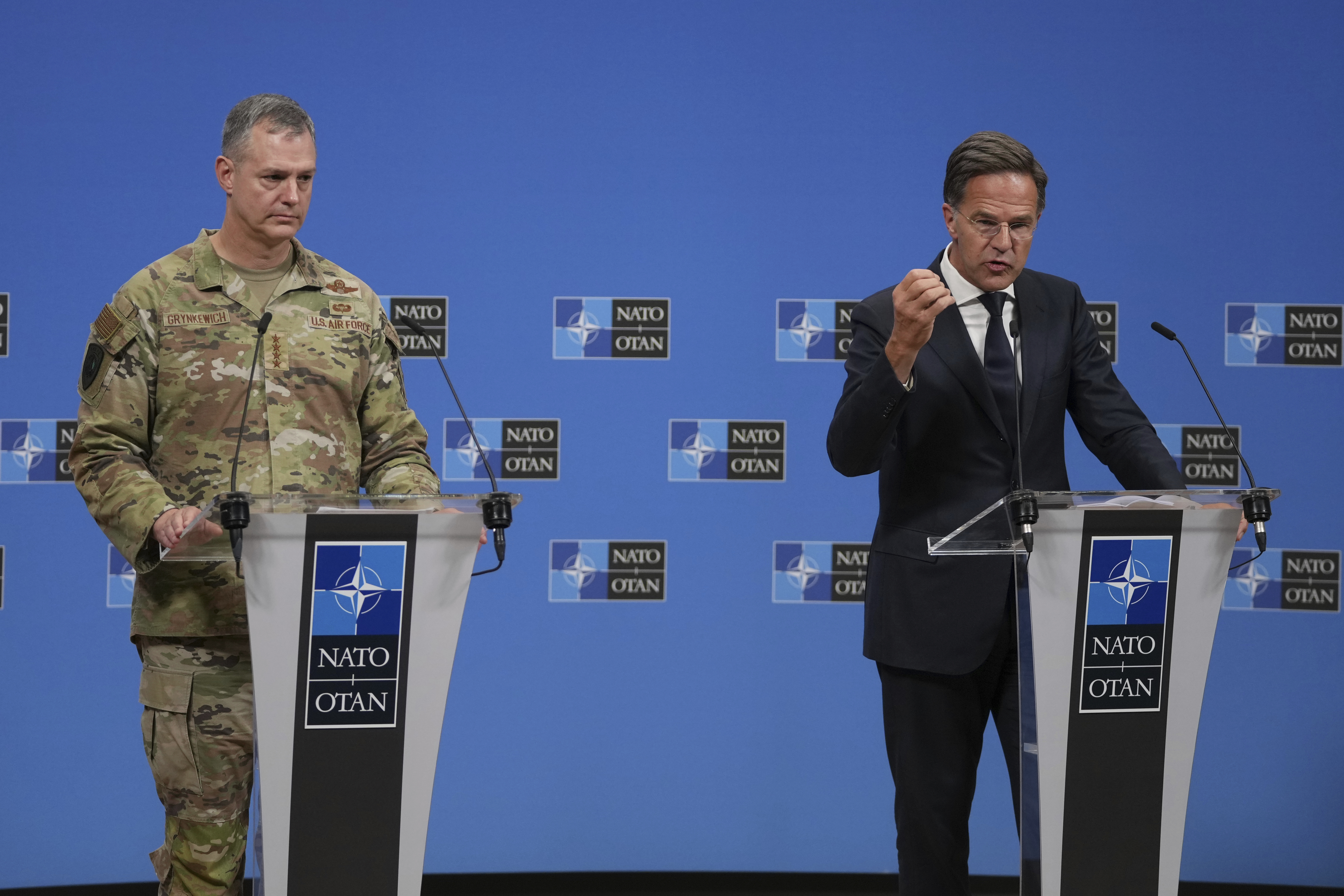NATO Secretary General Mark Rutte, right, and Supreme Allied Commander Europe (SACEUR), General Alexus G. Grynkewich address the media at NATO headquarters in Brussels, Friday, Sept. 12, 2025. (Virginia Mayo - AP)