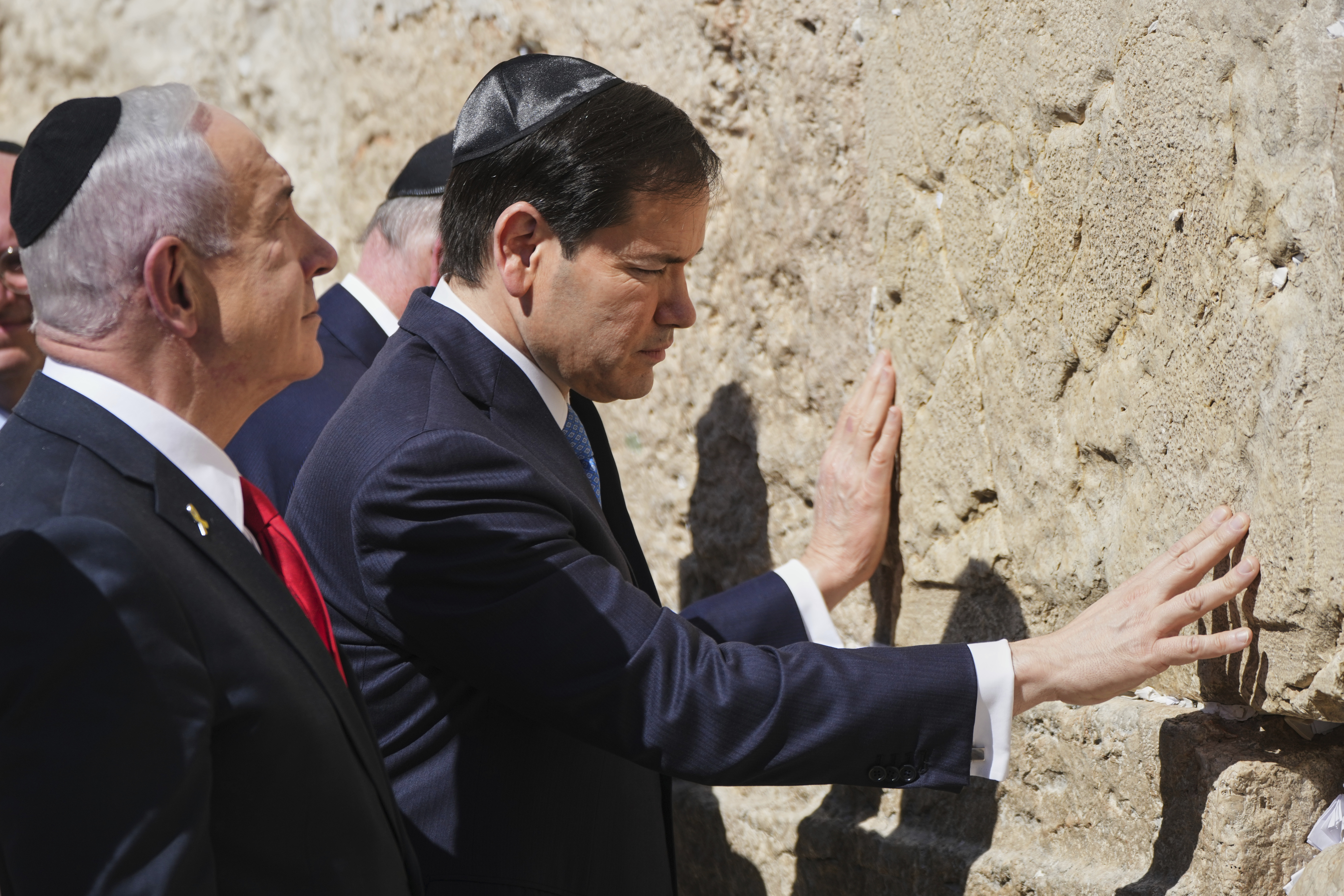 Israeli Prime Minister Benjamin Netanyahu, left, and U.S. Secretary of State Marco Rubio visit the Western Wall, the holiest site where Jews can pray, in the Old City of Jerusalem Sunday, Sept. 14, 2025. (Ariel Schalit - AP)