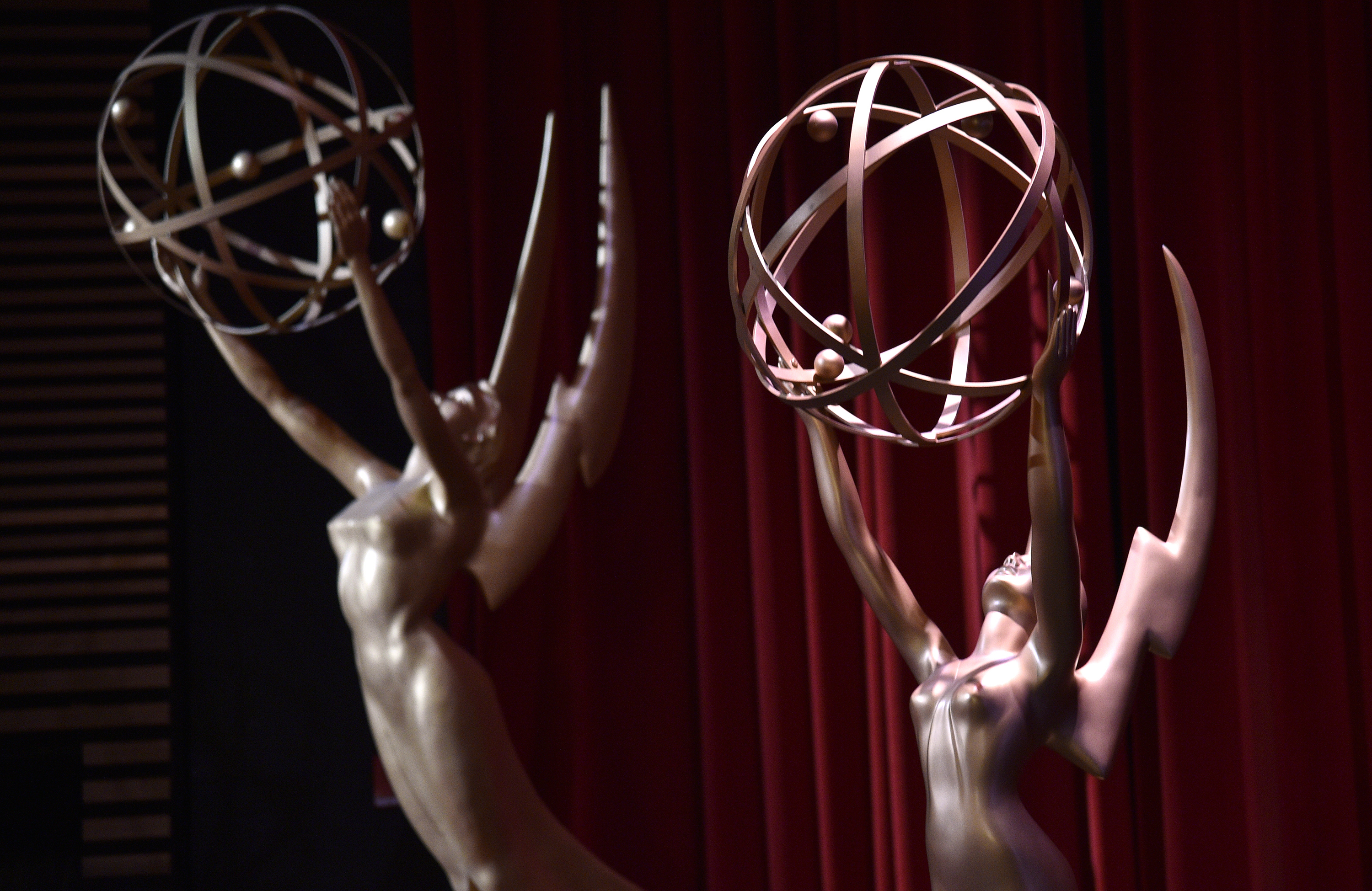 FILE - Emmy statues are seen at the 70th Primetime Emmy Nominations Announcements at the Television Academy's Saban Media Center July 12, 2018, in Los Angeles. (Chris Pizzello - Invision)