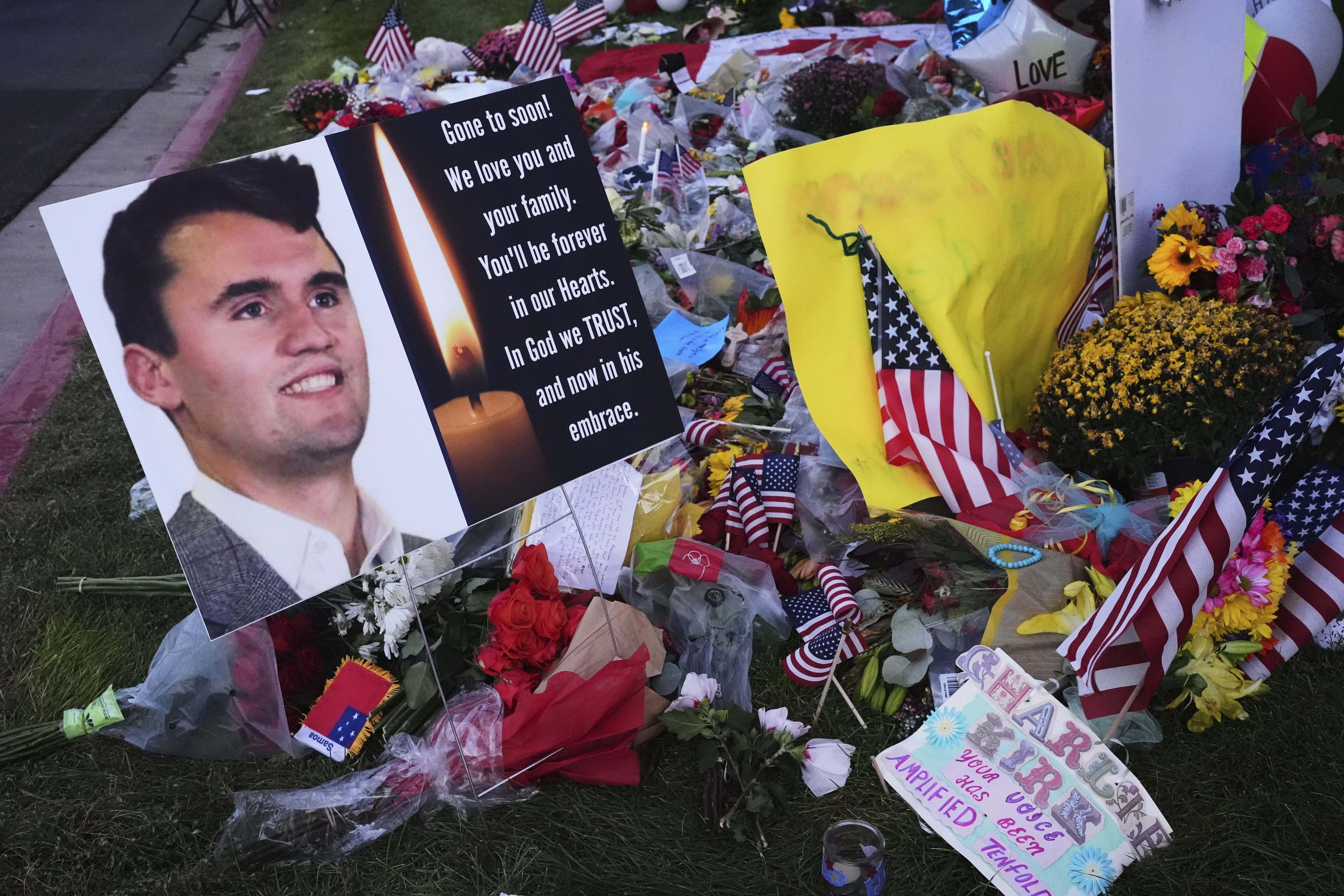 A memorial for Turning Point USA CEO and co-founder Charlie Kirk is seen at Utah Valley University, Saturday, Sept. 13, 2025, in Orem, Utah. (Lindsey Wasson - AP)