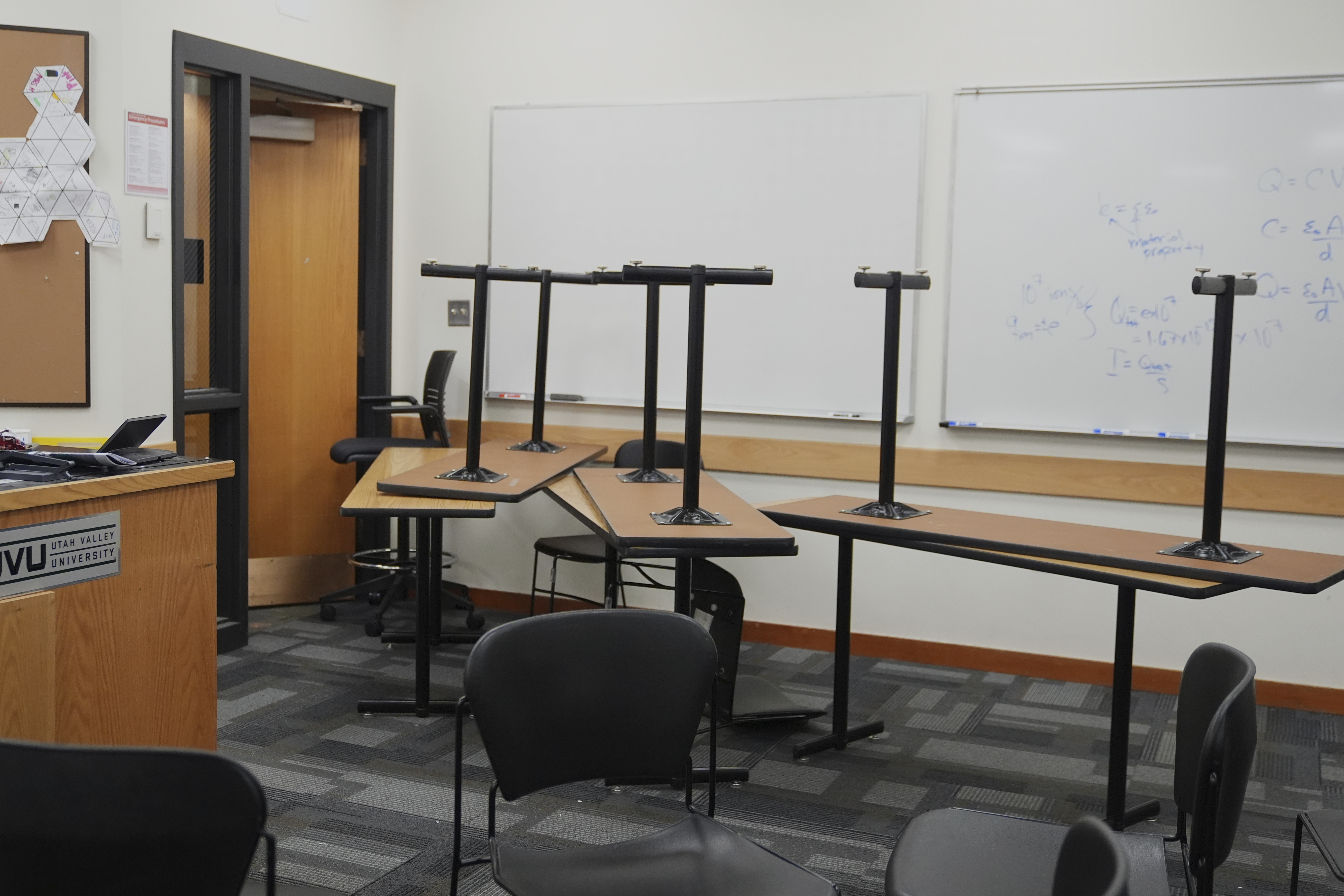 Chairs and tables are stacked in a classroom a day after the shooting of Charlie Kirk at Utah Valley University in Orem, Utah, Thursday, Sept. 11, 2025. (Lindsey Wasson - AP)