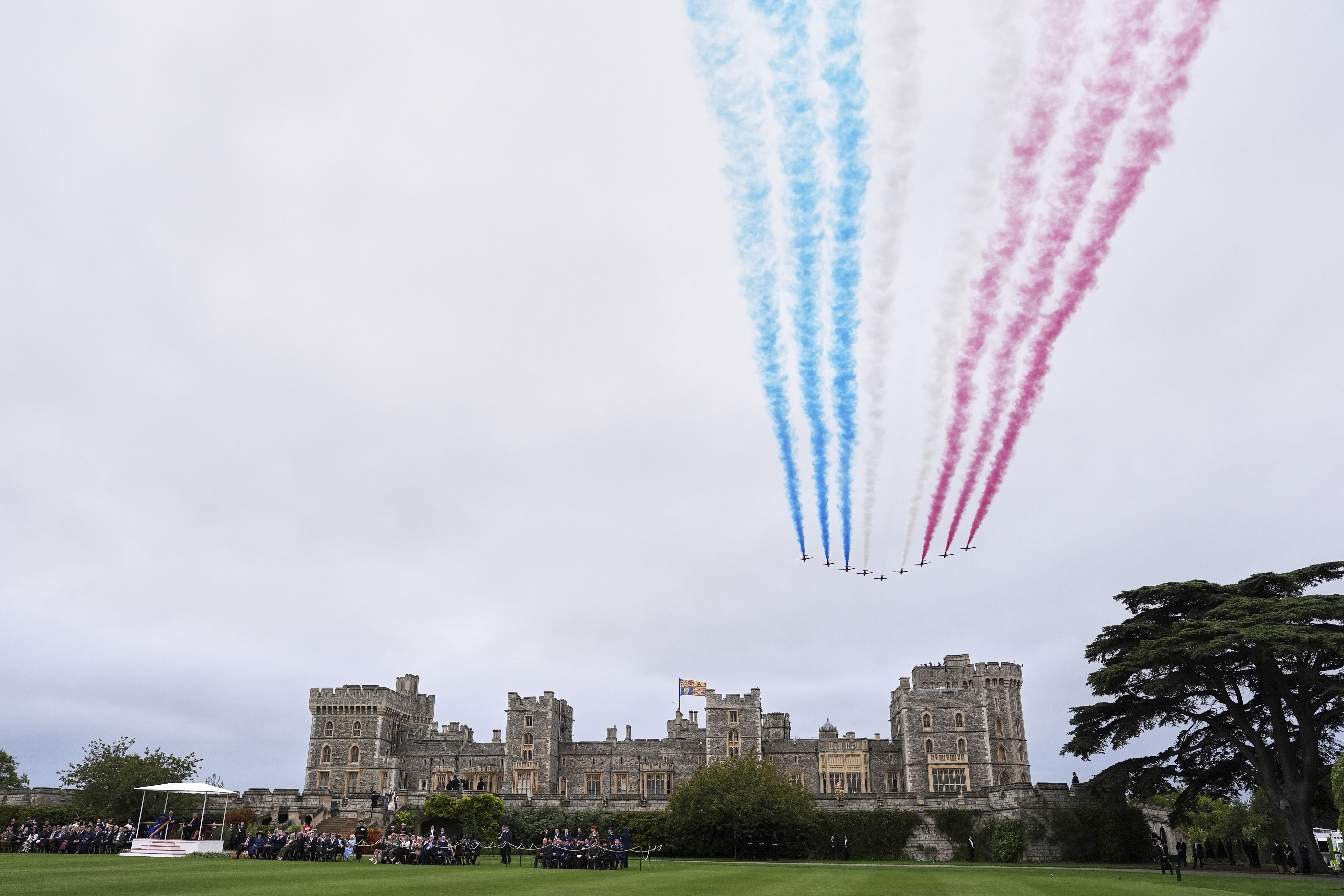 The Red Arrows fly in formation over Windsor Castle during the State visit of President Donald Trump and first lady Melania Trump in Windsor, England, Wednesday, Sept. 17, 2025. (Evan Vucci - AP)