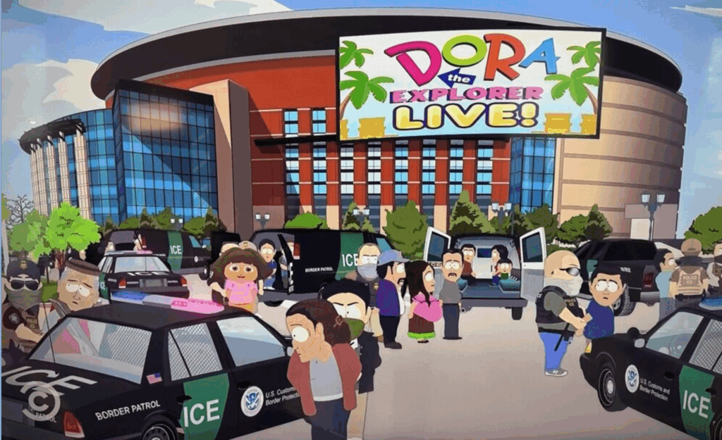 ICE agents detain Dora the Explorer after a raid at Denver's Ball Arena in Season 27, Episode 2 of 'South Park,' as seen in this screenshot via Comedy Central.