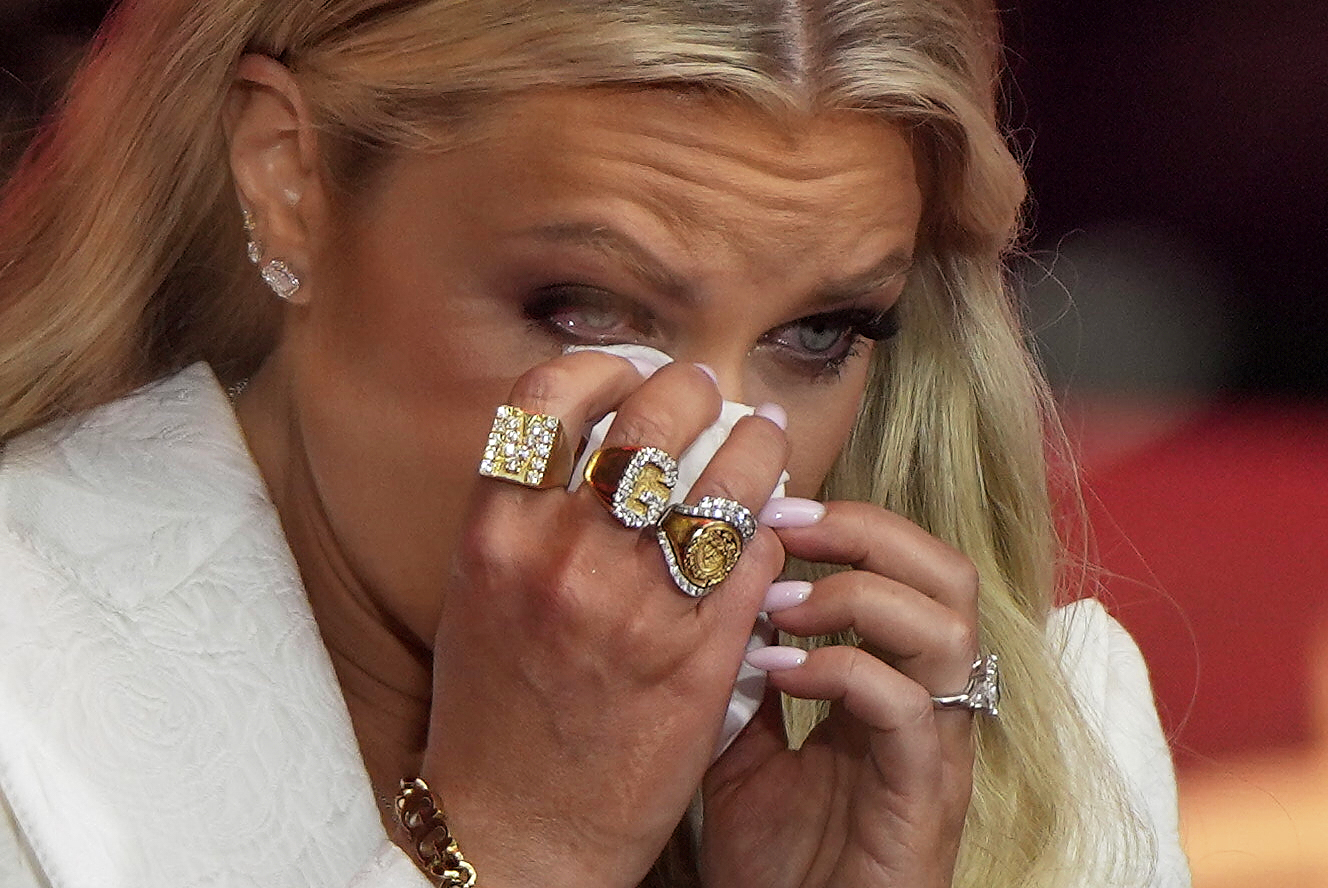 Erika Kirk wipes tears as she prepares to speak at a memorial for her husband, conservative activist Charlie Kirk, Sunday, Sept. 21, 2025, at State Farm Stadium in Glendale, Ariz. (Julia Demaree Nikhinson - AP)