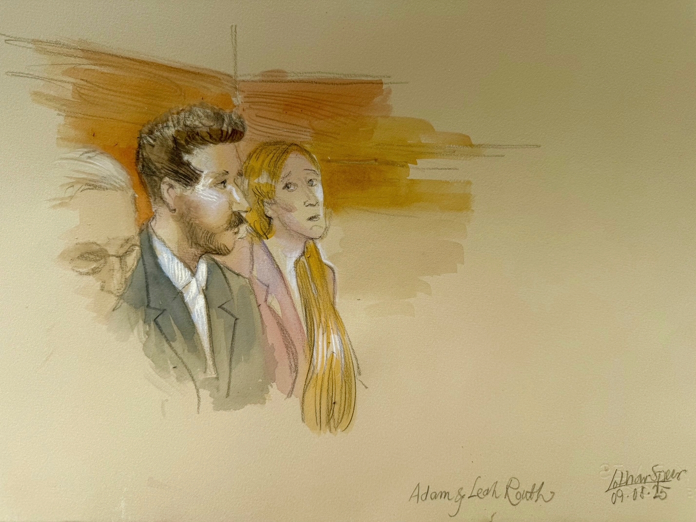 This courtroom sketch shows Ryan Routh's children, Adam Routh, left, and Leah Routh, sitting in the gallery during the trial of Routh, who is charged with attempting to assassinate Donald Trump last year at a golf course in South Florida, Monday, Sept. 8, 2025, in Fort Pierce, Fla. (Lothar Speer - FR172289 AP)