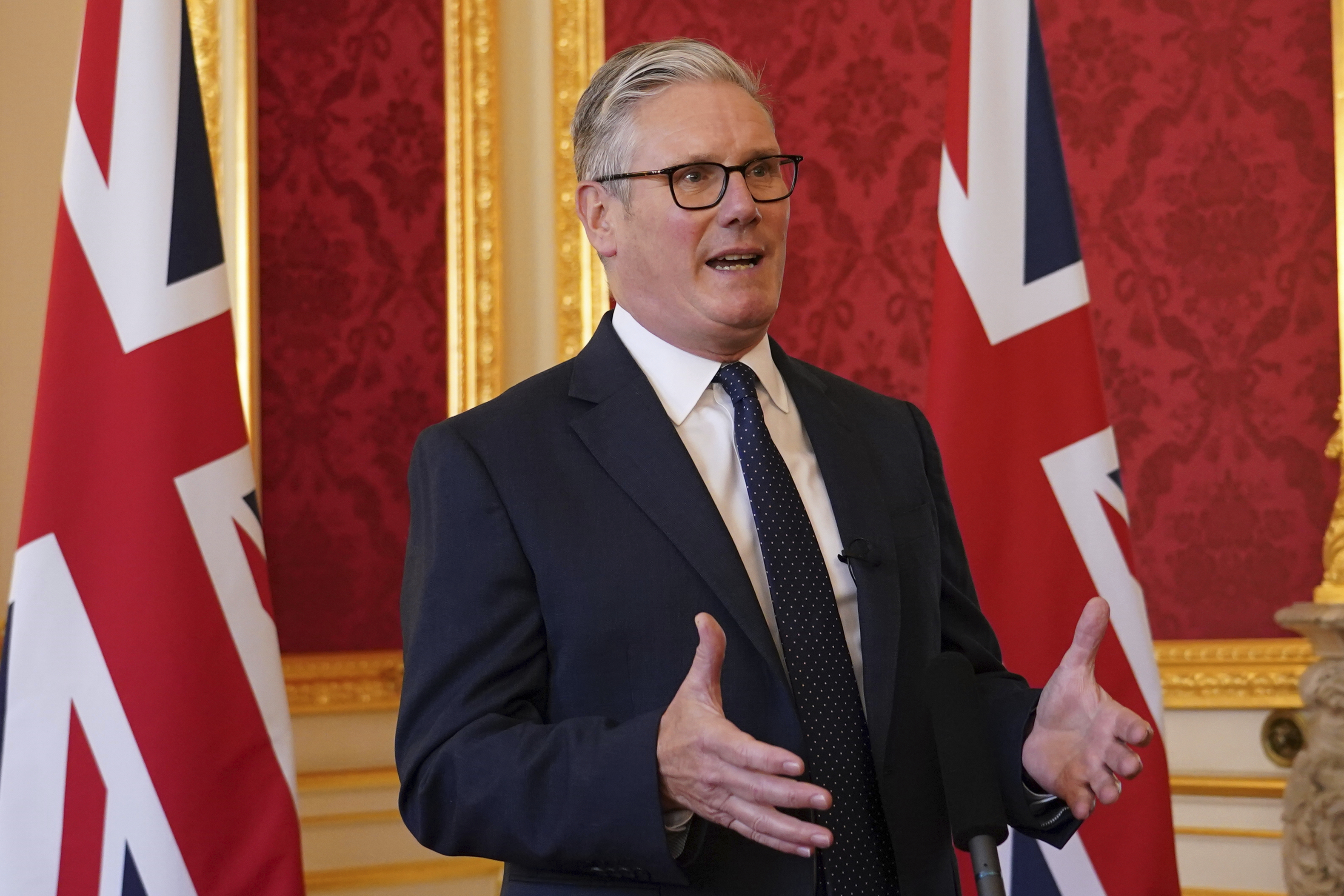 FILE - Britain's Prime Minister Keir Starmer speaks as he hosts representatives of the Civil Nuclear industry at a reception at Lancaster House in London, Monday, Sept. 15, 2025 to mark the announcement of a new UK-US partnership on nuclear. (Alberto Pezzali - Pool AP)