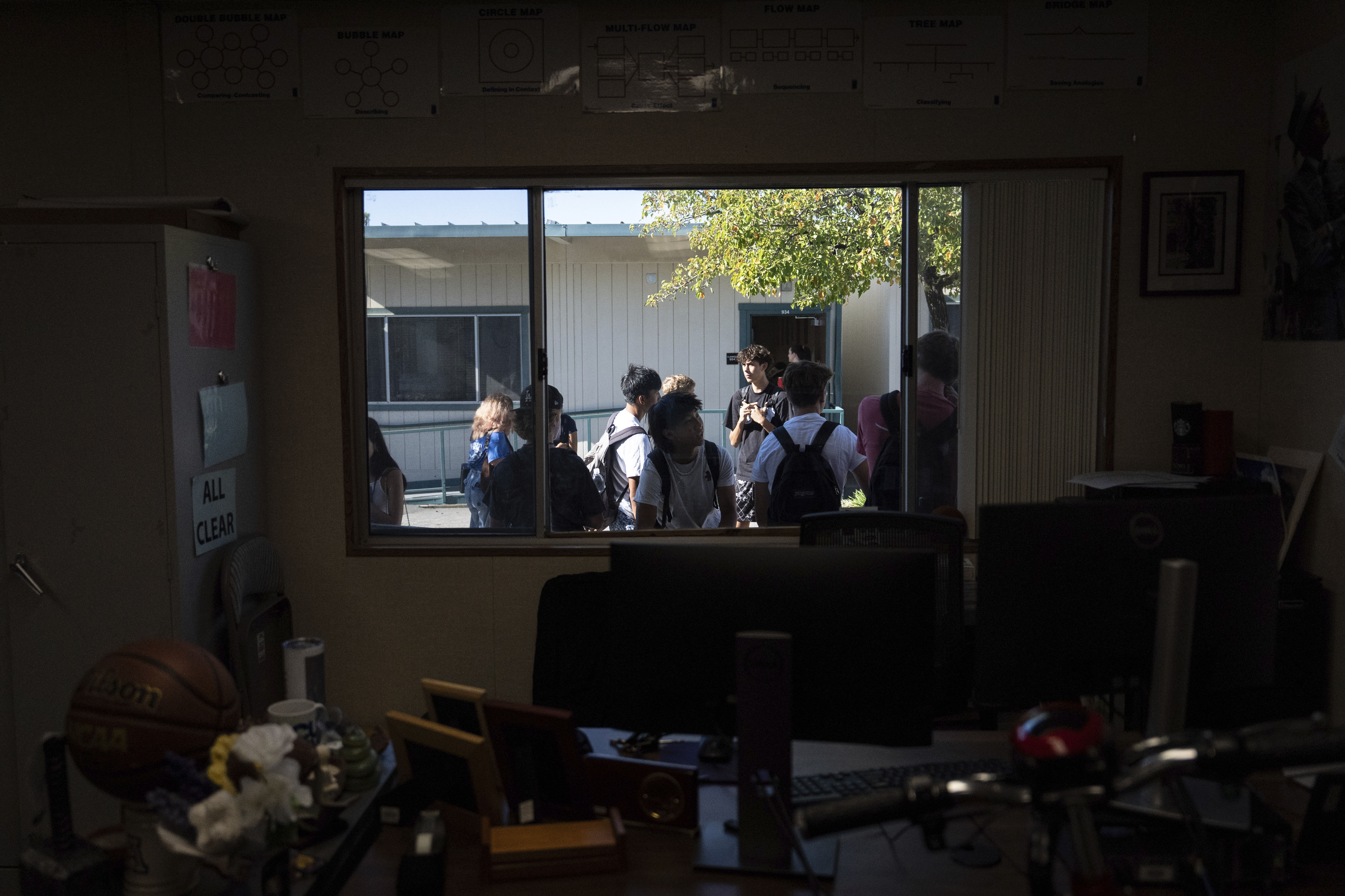 Students wait outside English teacher Casey Cuny's classroom at Valencia High School in Santa Clarita, Calif., Wednesday, Aug. 27, 2025. (Jae C. Hong - AP)