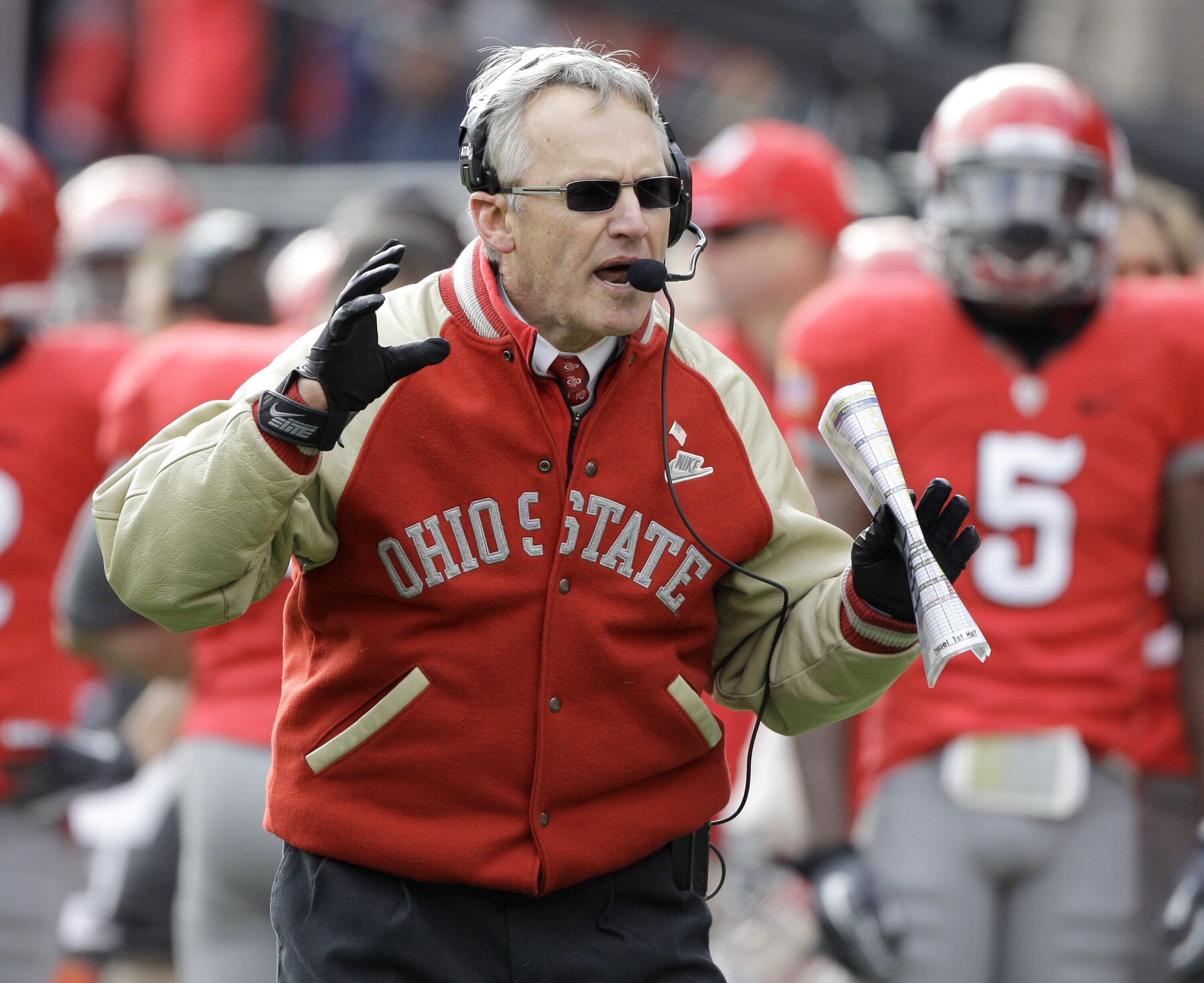 FILE - In this Nov. 27, 2010, file photo, Ohio State head coach Jim Tressel yells to a referee during second quarter action against Michigan in an NCAA college football game in Columbus, Ohio. (Amy Sancetta - AP)