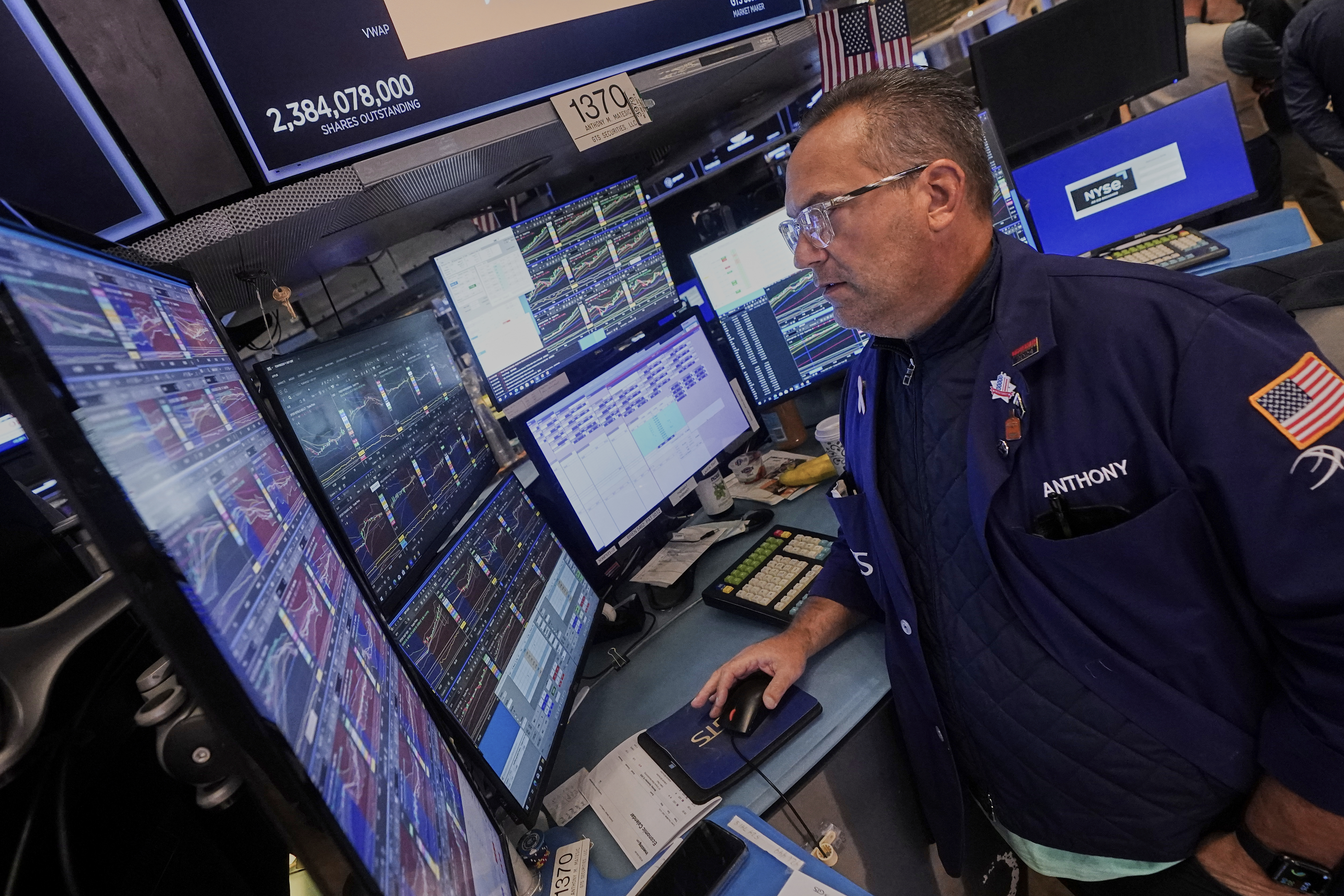 Specialist Anthony Matesic works at his post on the floor of the New York Stock Exchange, Monday, Sept. 15, 2025. (Richard Drew - AP)