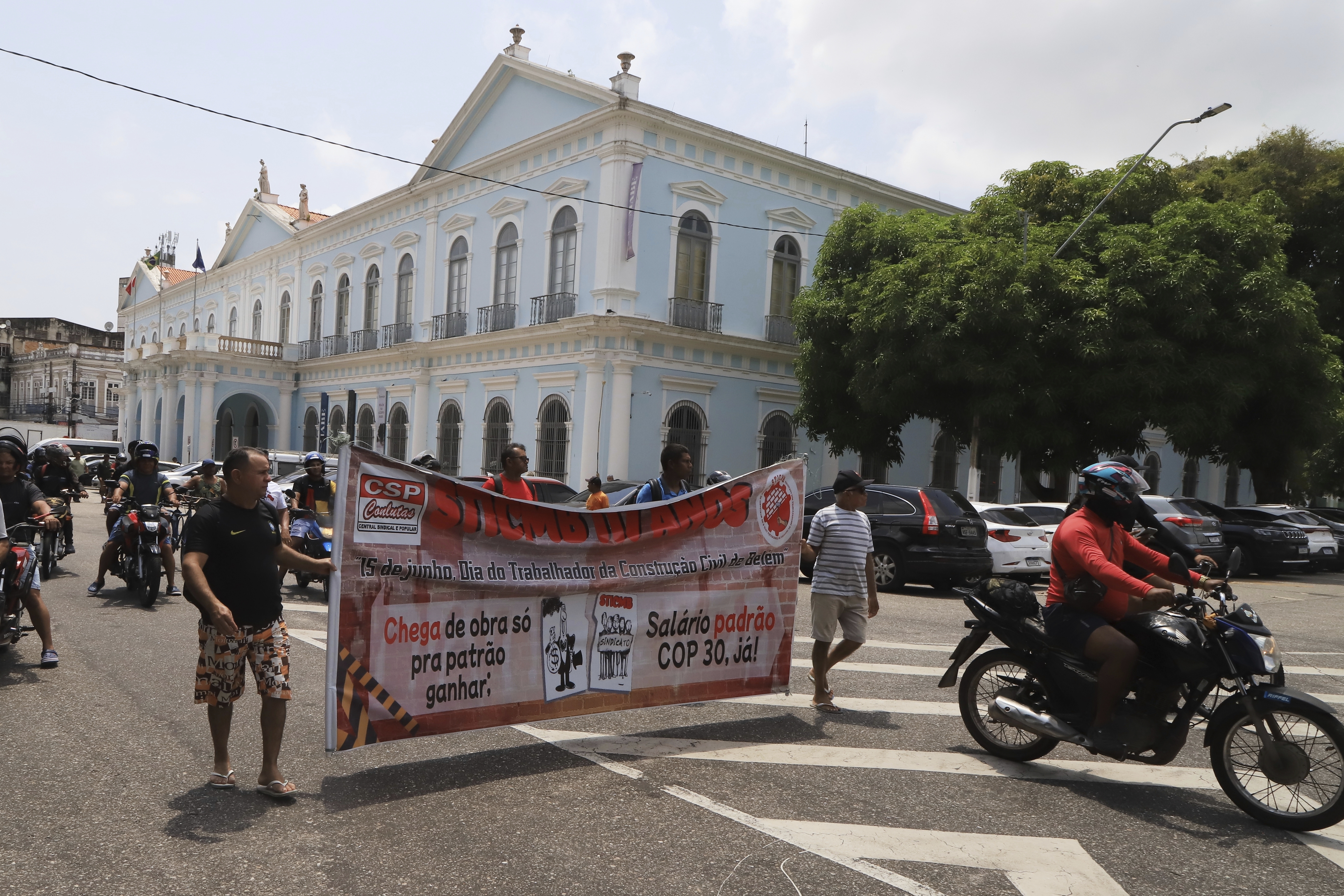 Construction workers building infrastructure for the upcoming COP30 U.N. Climate Summit protest for better pay and working conditions in Belem, Brazil, Sept.18, 2025. (Paulo Santos - AP)