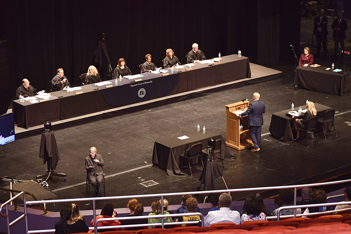 The Kentucky Supreme Court hears oral arguments at Centre College's Norton Center for the Arts in Danville, Ky., Sept. 10, 2025. Seated from left are Justice Shea Nickell, Justice Kelly Thompson, Justice Angela McCormick Bisig, Chief Justice of the Commonwealth Debra Hembree Lambert, Justice Pamela R. Goodwine, Justice Michelle M. Keller and Justice Robert B. Conley. (Jim Hoffman - Adminstrative Office of the Courts)