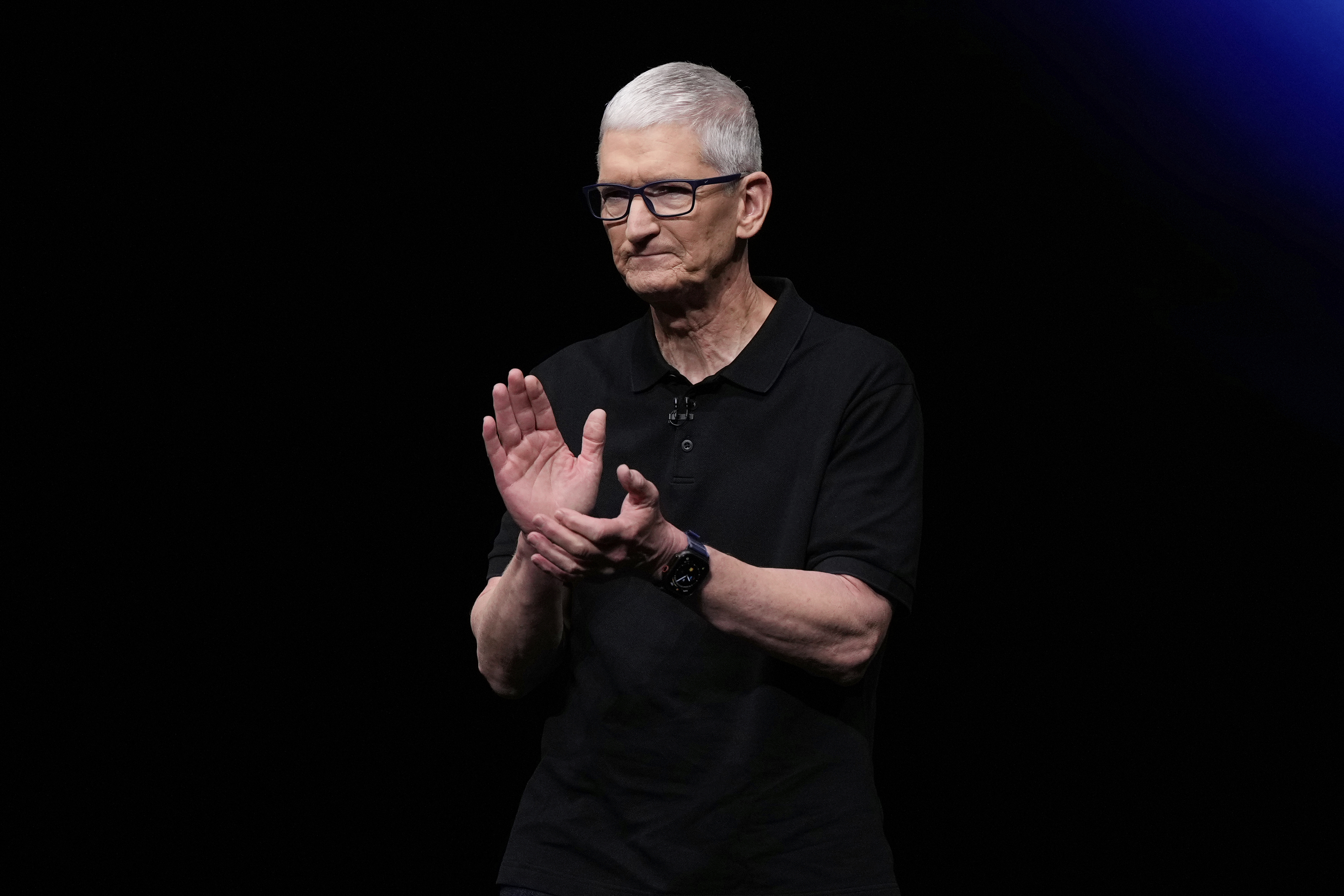 Apple CEO Tim Cook applauds on stage during an announcement of new products at Apple Park on Tuesday, Sept. 9, 2025, in Cupertino, Calif. (Godofredo A. Vásquez - AP)