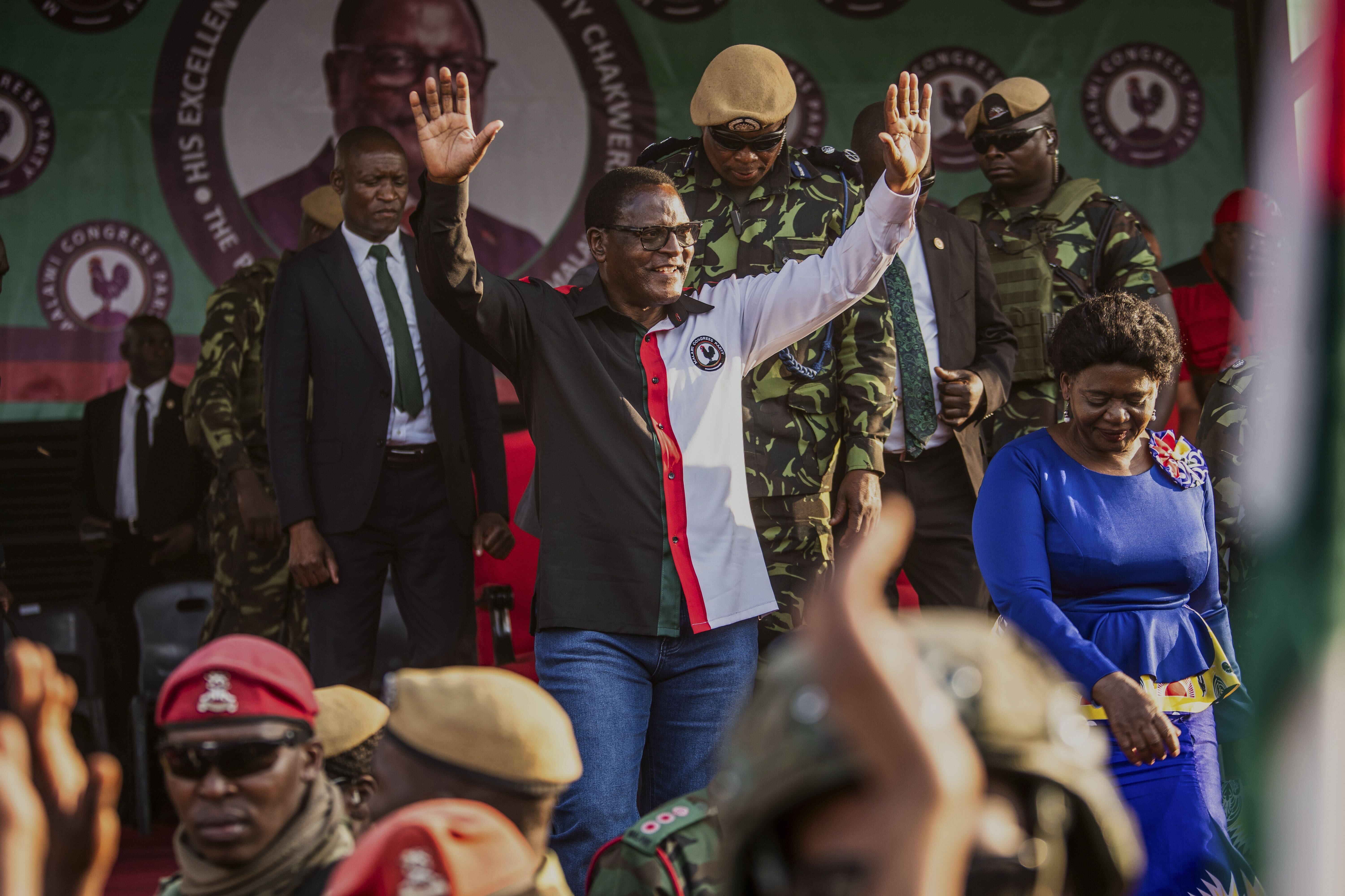 Malawi Congress Party (MCP) leader and Malawian President Lazarus Chakwera waves at supporters at a campaign rally in Blantyre, Malawi, Sunday, Sept. 7, 2025. (Thoko Chikondi - AP)
