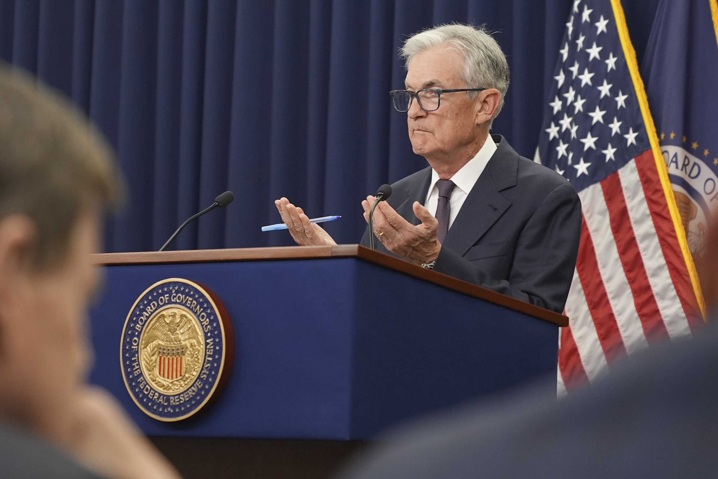 Federal Reserve Chairman Jerome Powell speaks during a news conference following the Federal Open Market Committee meeting, Wednesday, Sept. 17, 2025, at the Federal Reserve Board Building in Washington. (Jacquelyn Martin - AP)