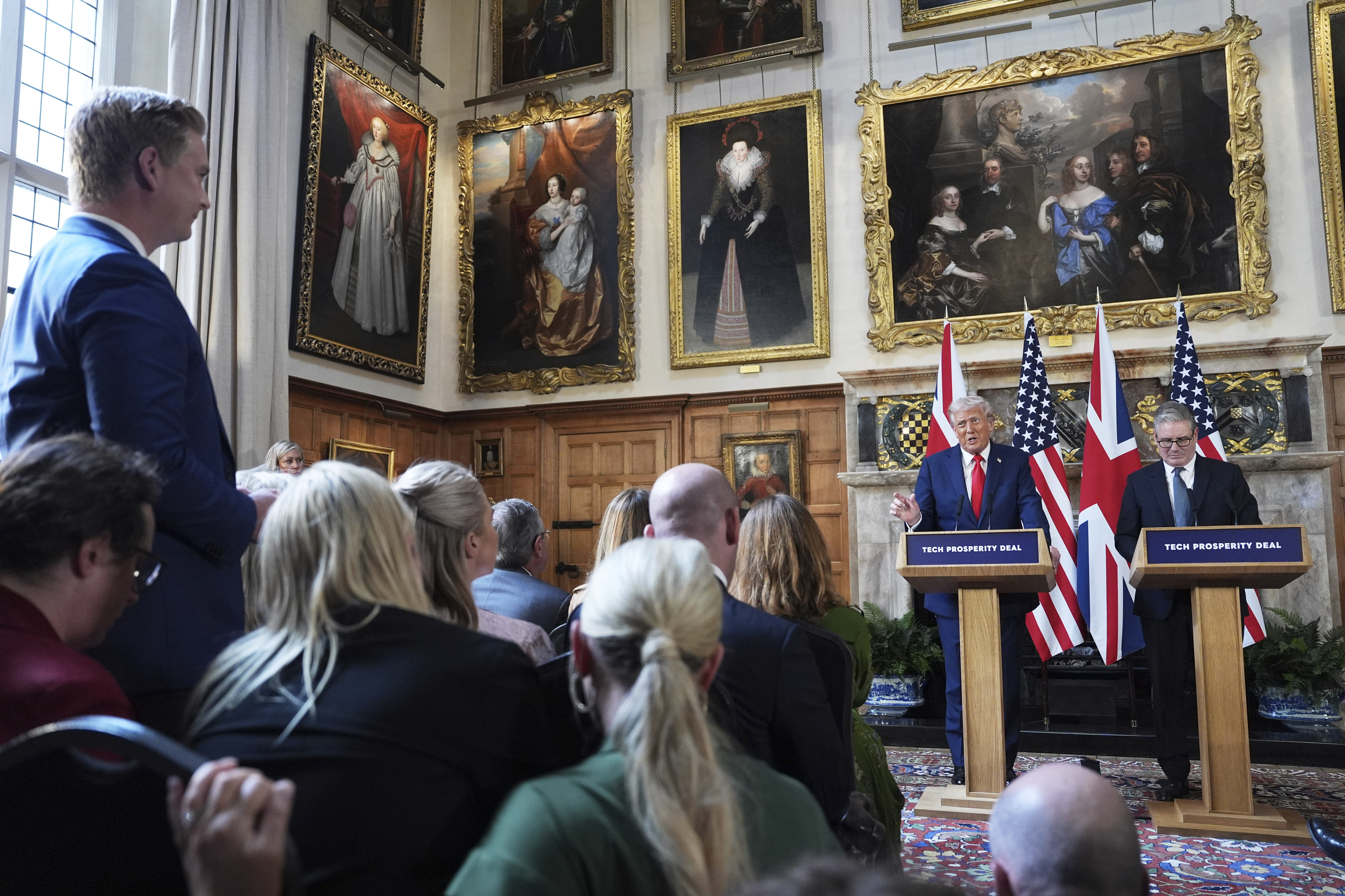 President Donald Trump gestures next to Britain's Prime Minister Keir Starmer during a joint press conference at Chequers near Aylesbury, England, Thursday, Sept. 18, 2025. (Evan Vucci - AP)