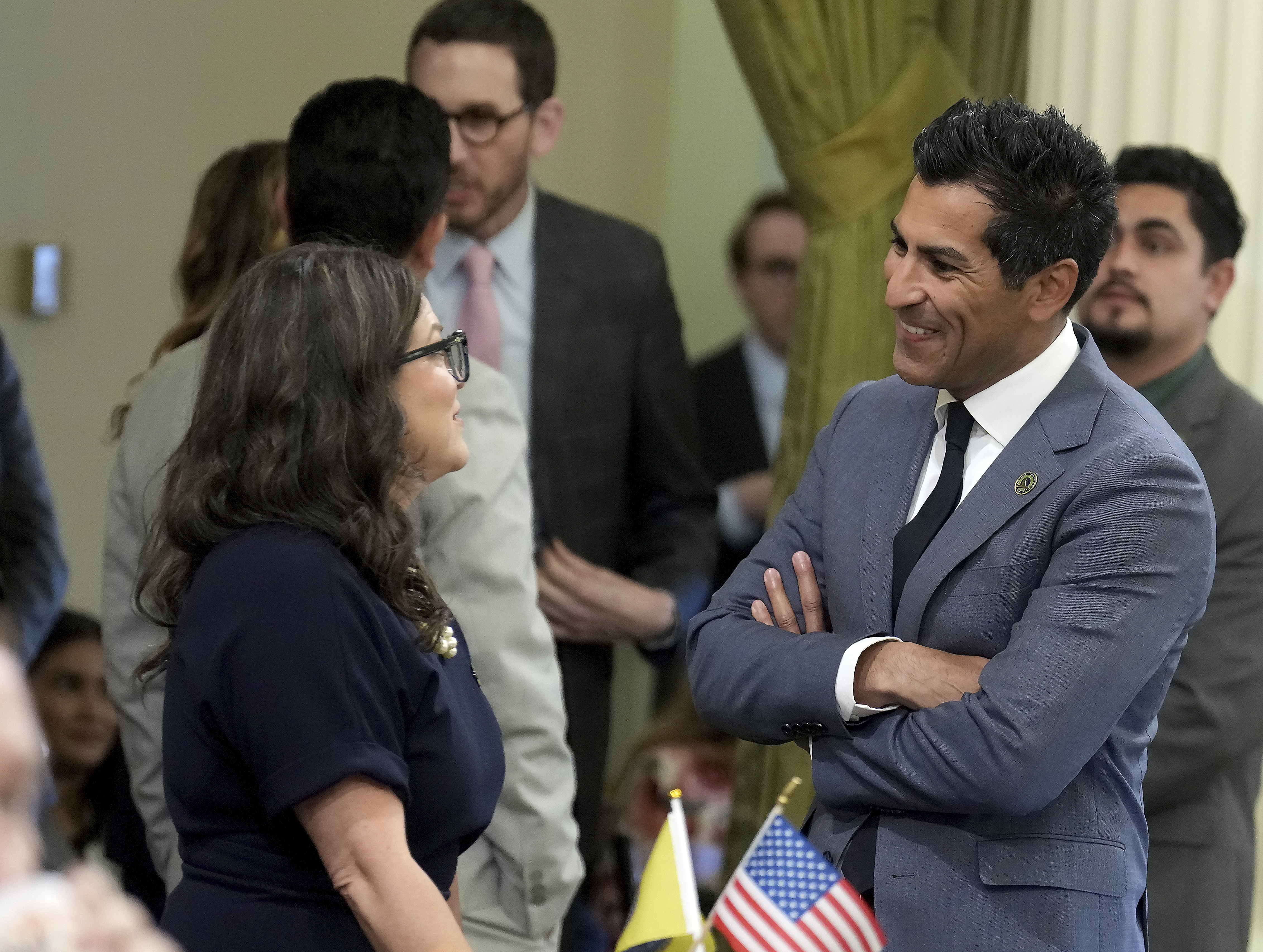 Assembly Speaker Robert Rivas talks with Democratic Assembly member Esmeralda Soria, left, during at the Capitol in Sacramento, Calif., Thursday, Sept. 11, 2025. (Rich Pedroncelli - FR171957 AP)