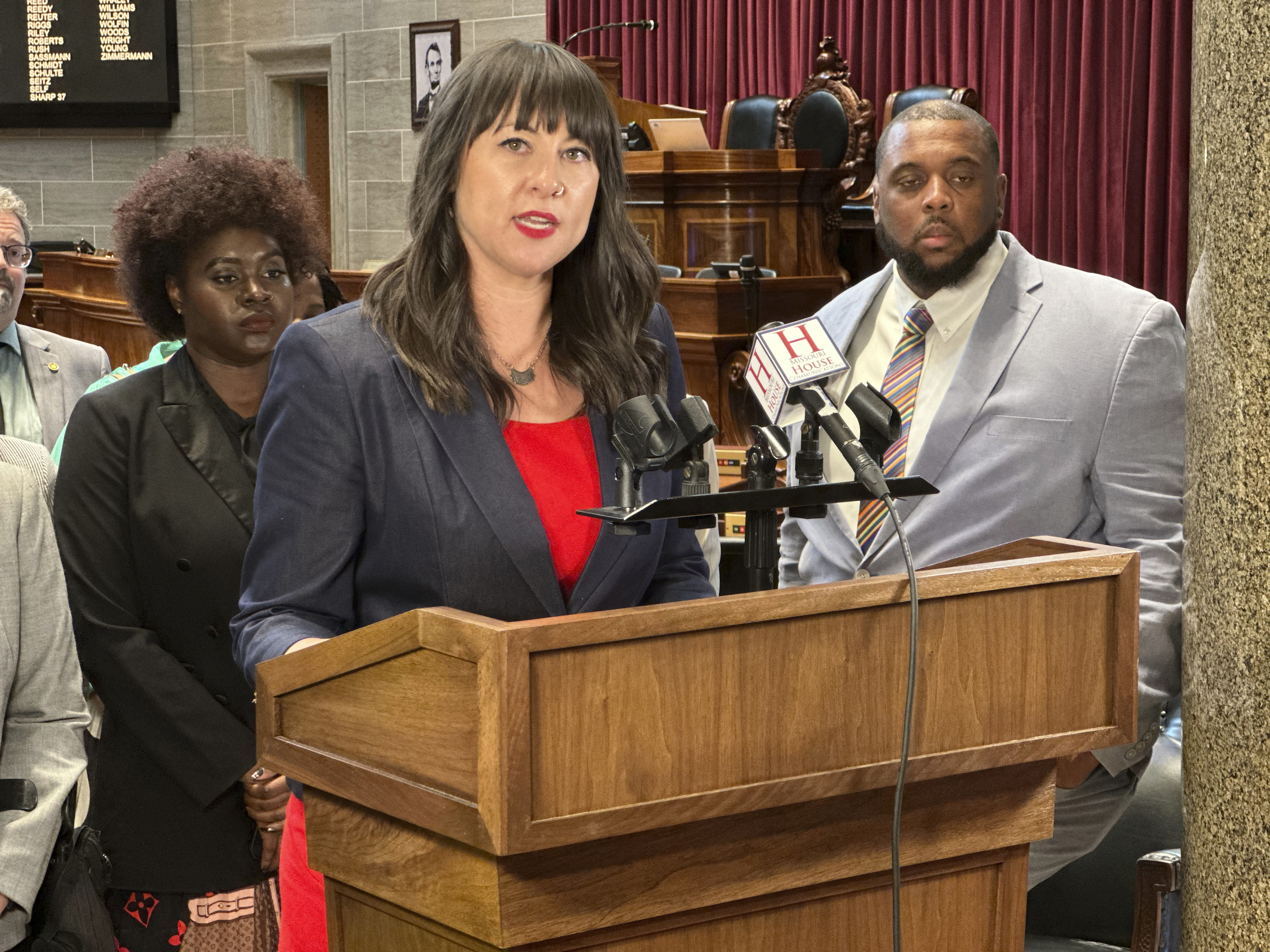 Missouri House Minority Leader Ashley Aune, a Democrat from Kansas City, speaks to reporters Tuesday, Sept. 9, 2025, at special legislative session in Jefferson City, Mo. (David A. Lieb - AP)