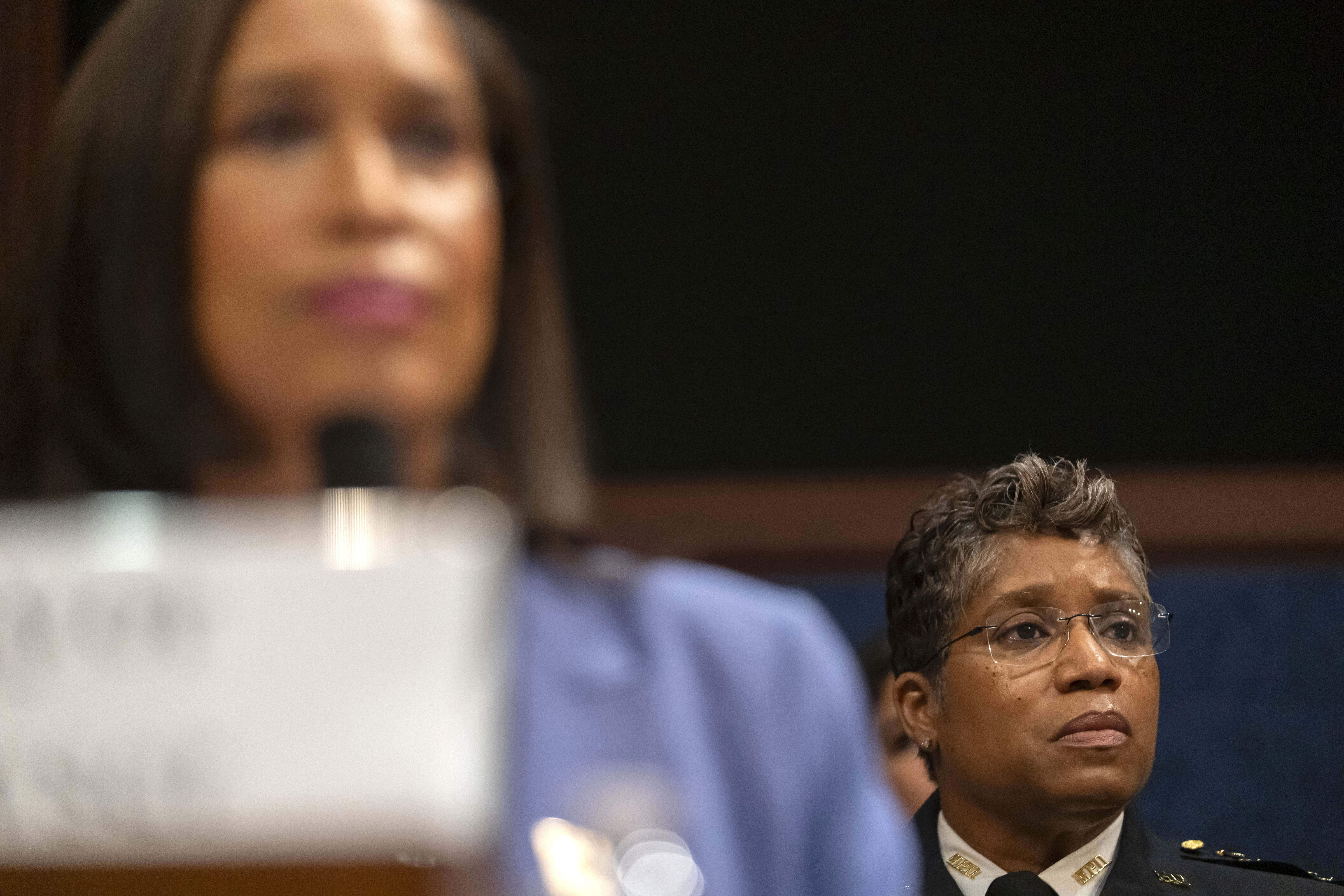 District of Columbia Police Chief Pamela Smith, right, and Mayor Muriel Bowser listen during a hearing of the House Committee on Oversight and Government Reform on Capitol Hill, Thursday, Sept. 18, 2025, in Washington. (Mark Schiefelbein - AP)