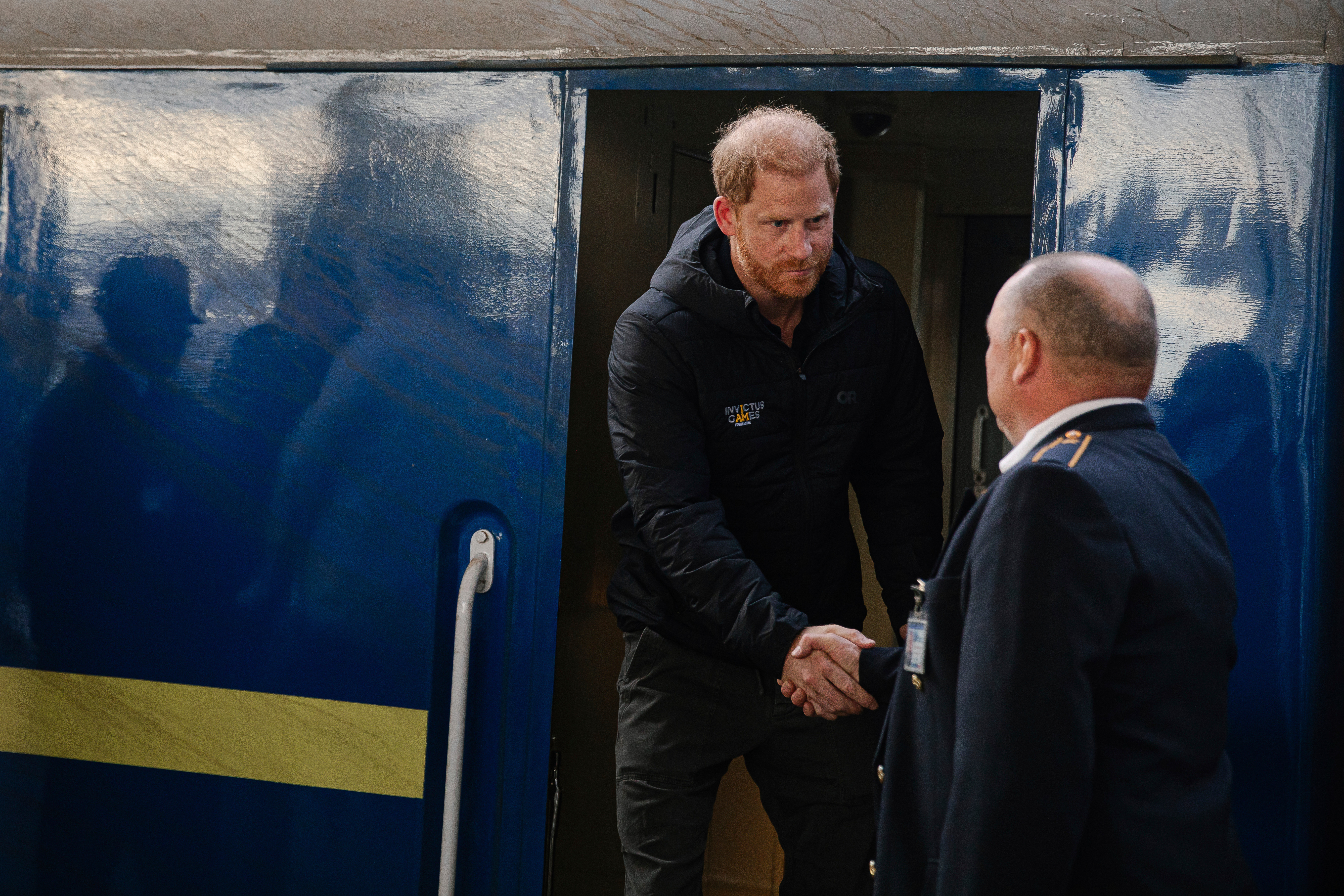 In this photo provided by the Railway of Ukraine Ukrzaliznytsia on Friday, Sept. 12, 2025, Britain's Prince Harry arrives on central railway station in Kyiv region, Ukraine. (Railway of Ukraine Ukrzaliznytsia - AP)