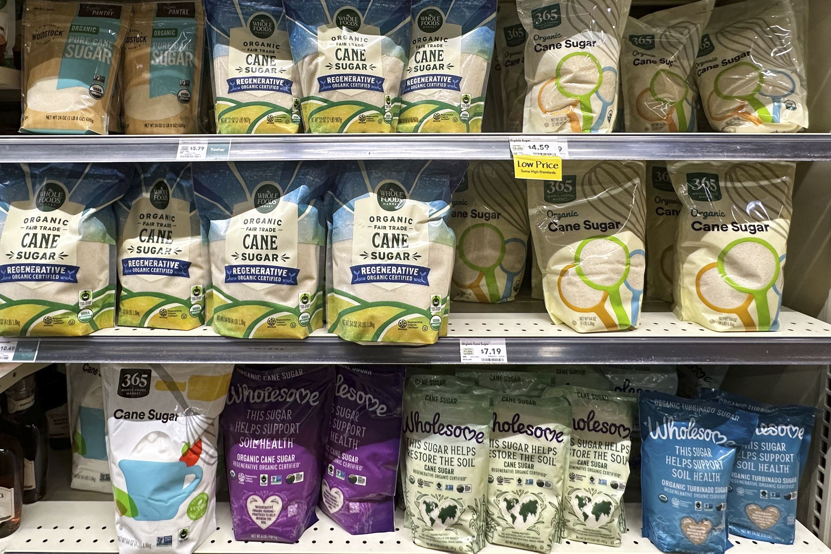 All different kinds of organic sugars are displayed on shelves at a grocery store in Northbrook, Ill., Wednesday, Sept. 17, 2025. (Nam Y. Huh - AP)