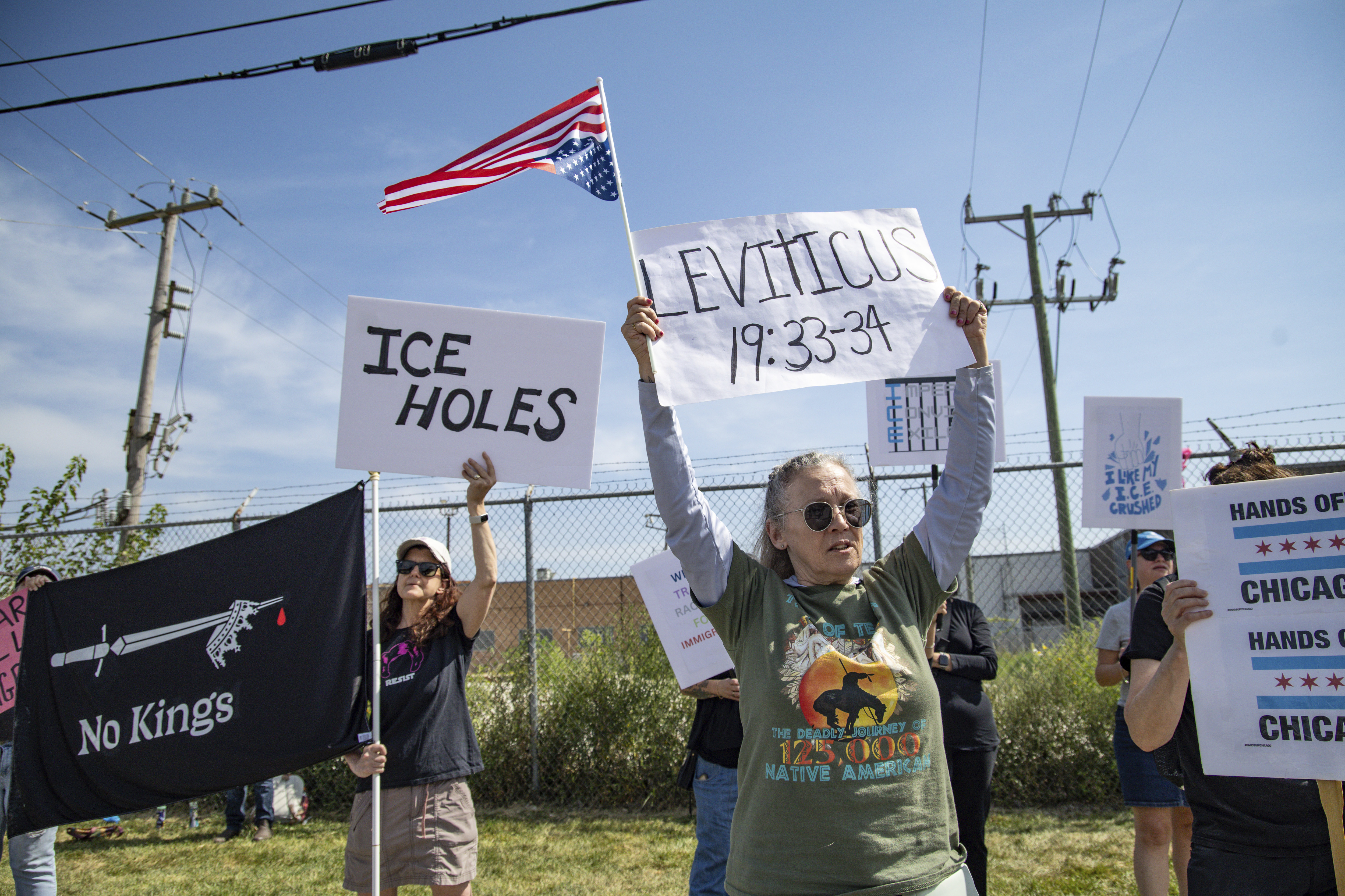 Sherry, middle, protests at the Immigration and Customs Enforcement facility in Broadview on Friday, Sept. 12, 2025. (Dominic Di Palermo - Chicago Tribune)
