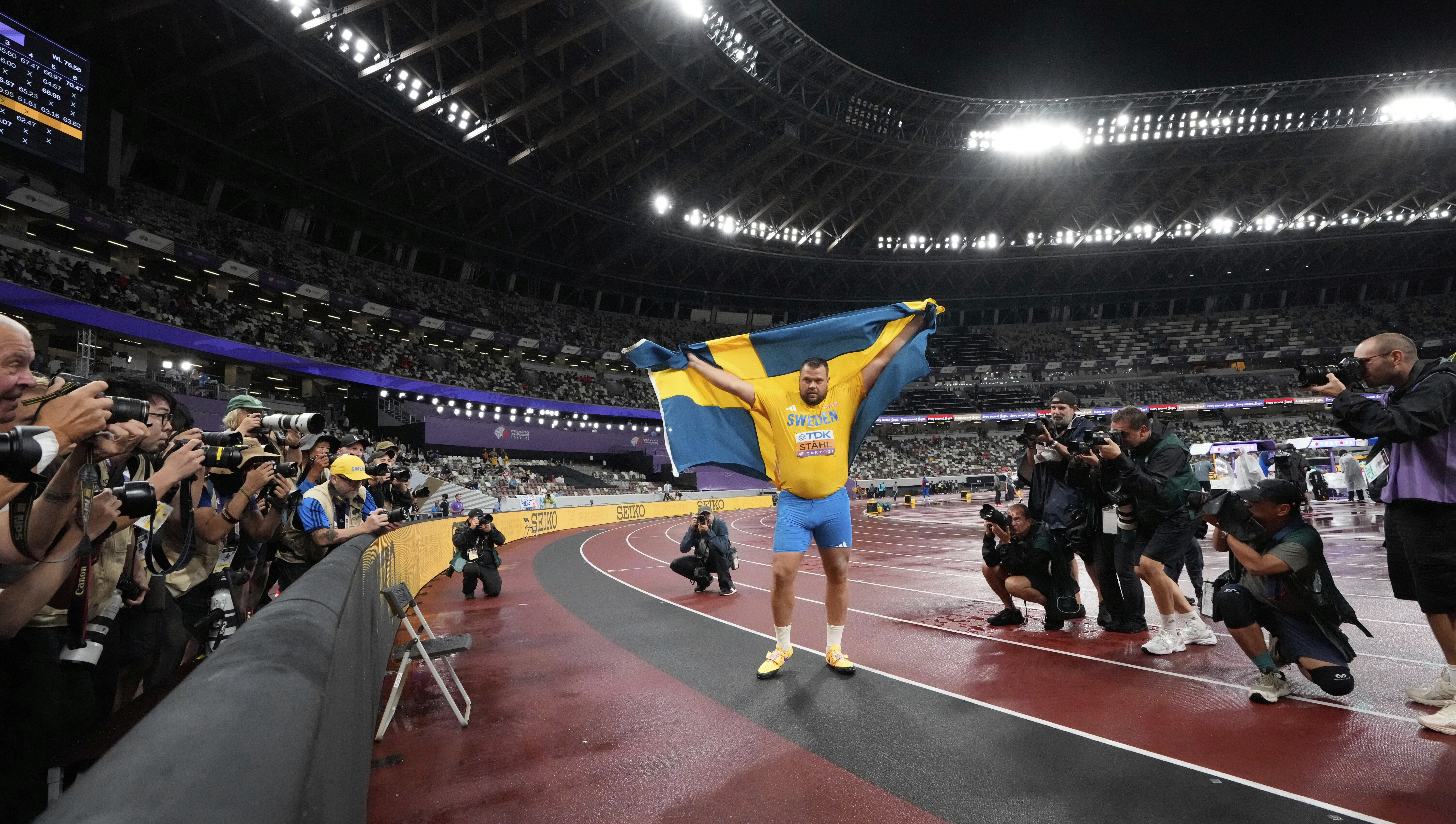 Sweden's Daniel Stahl reacts after winning the men's discus throw final at the World Athletics Championships in Tokyo, Sunday, Sept. 21, 2025. (Eugene Hoshiko - AP)