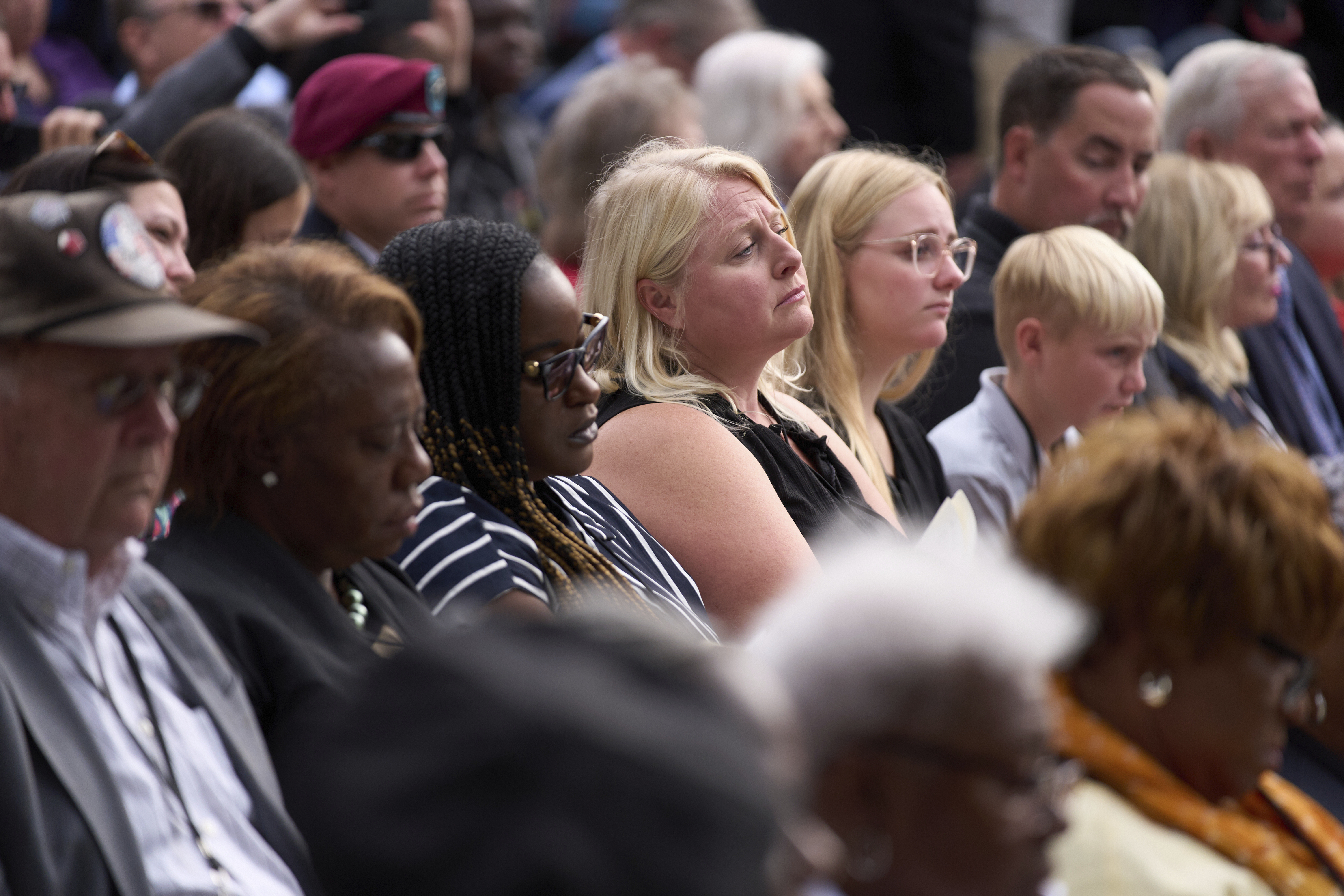 People listen as names of those killed are read during a ceremony attended by President Donald Trump to commemorate the 24th anniversary of the 9/11 attacks, Thursday, Sept. 11, 2025, at the Pentagon in Washington. (Evan Vucci - AP)