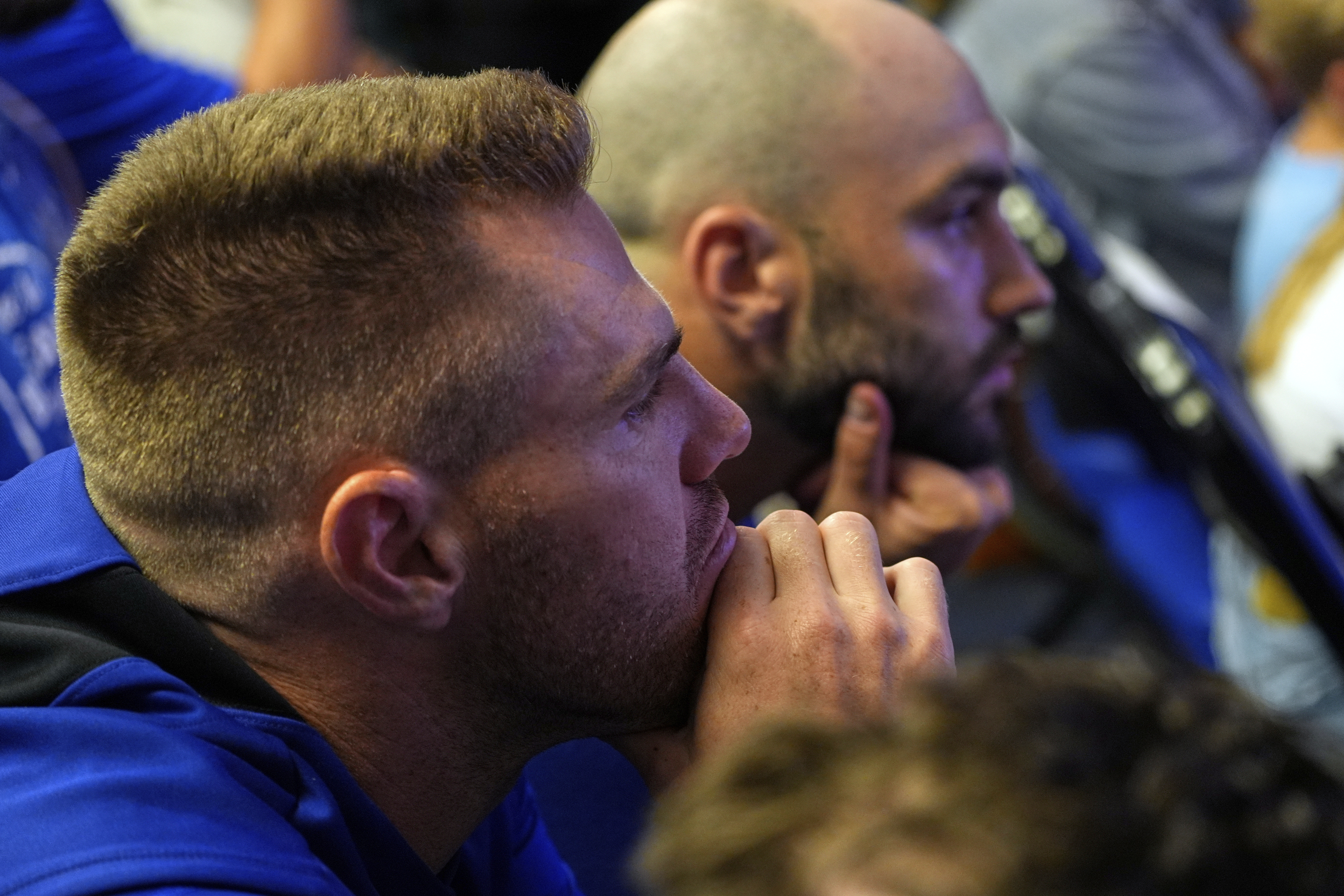 Los Angeles Dodgers' Freddie Freeman, left, listens as pitcher Clayton Kershaw speaks to the media after announcing his retirement at the end of the season prior to a baseball game against the San Francisco Giants Thursday, Sept. 18, 2025, in Los Angeles. (Mark J. Terrill - AP)