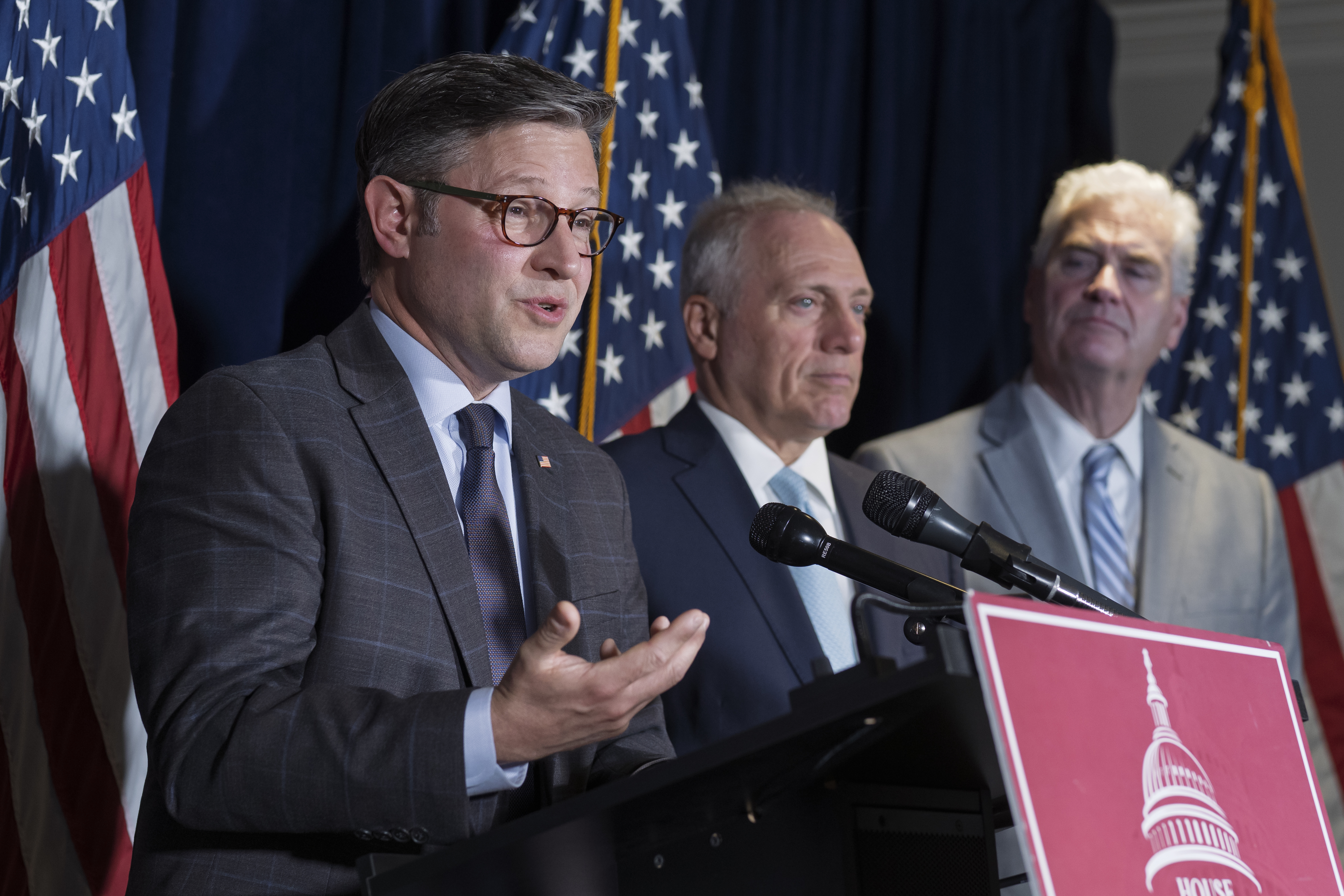 From left, Speaker of the House Mike Johnson, R-La., House Majority Leader Steve Scalise, R-La., and House Majority Whip Tom Emmer, R-Minn., speak during a news conference at the Republican National Committee headquarters in Washington, Tuesday, Sept. 9, 2025. (J. Scott Applewhite - AP)