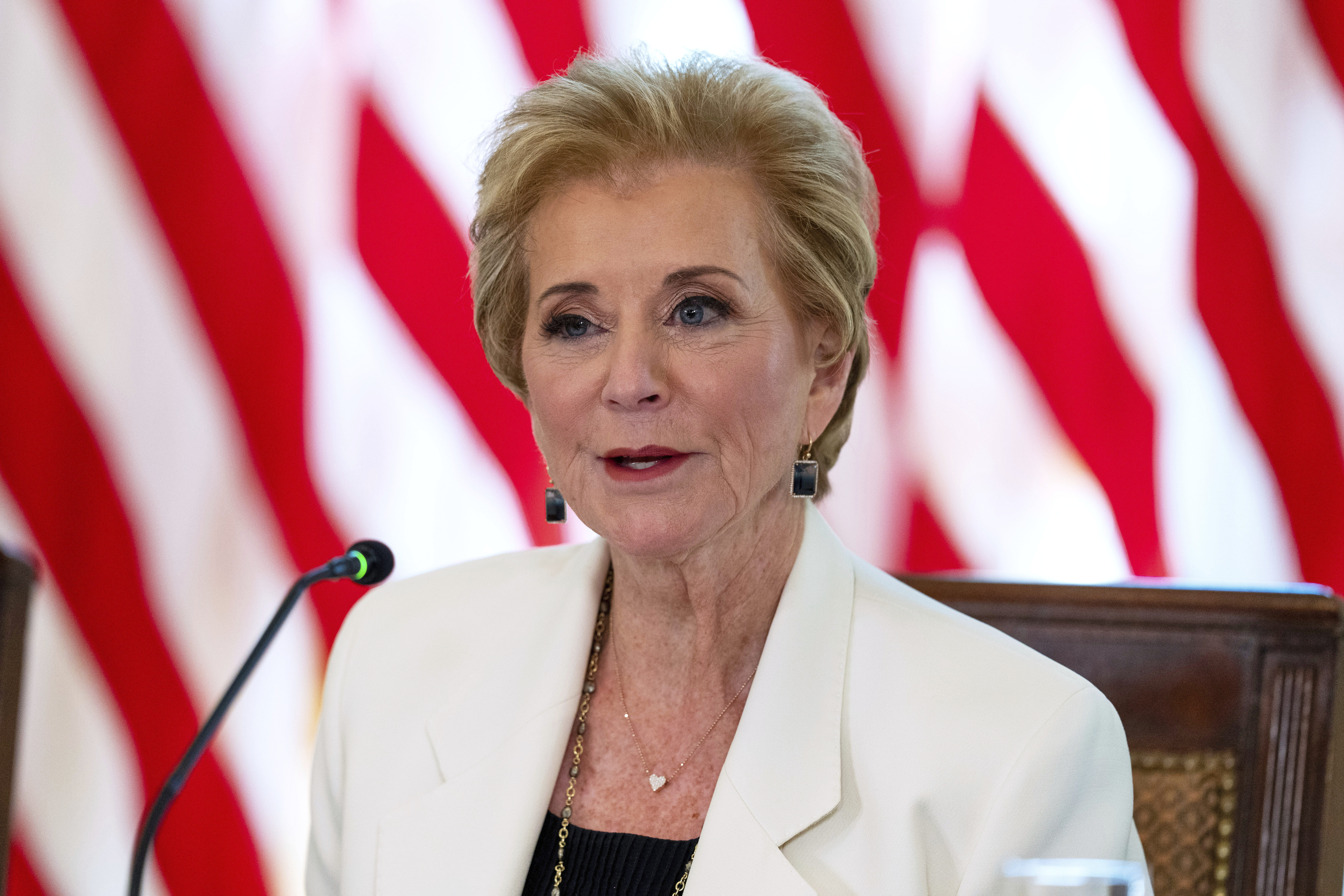 FILE - Education Secretary Linda McMahon speaks during a meeting in the East Room of the White House, Sept. 4, 2025, in Washington. (Alex Brandon - AP)