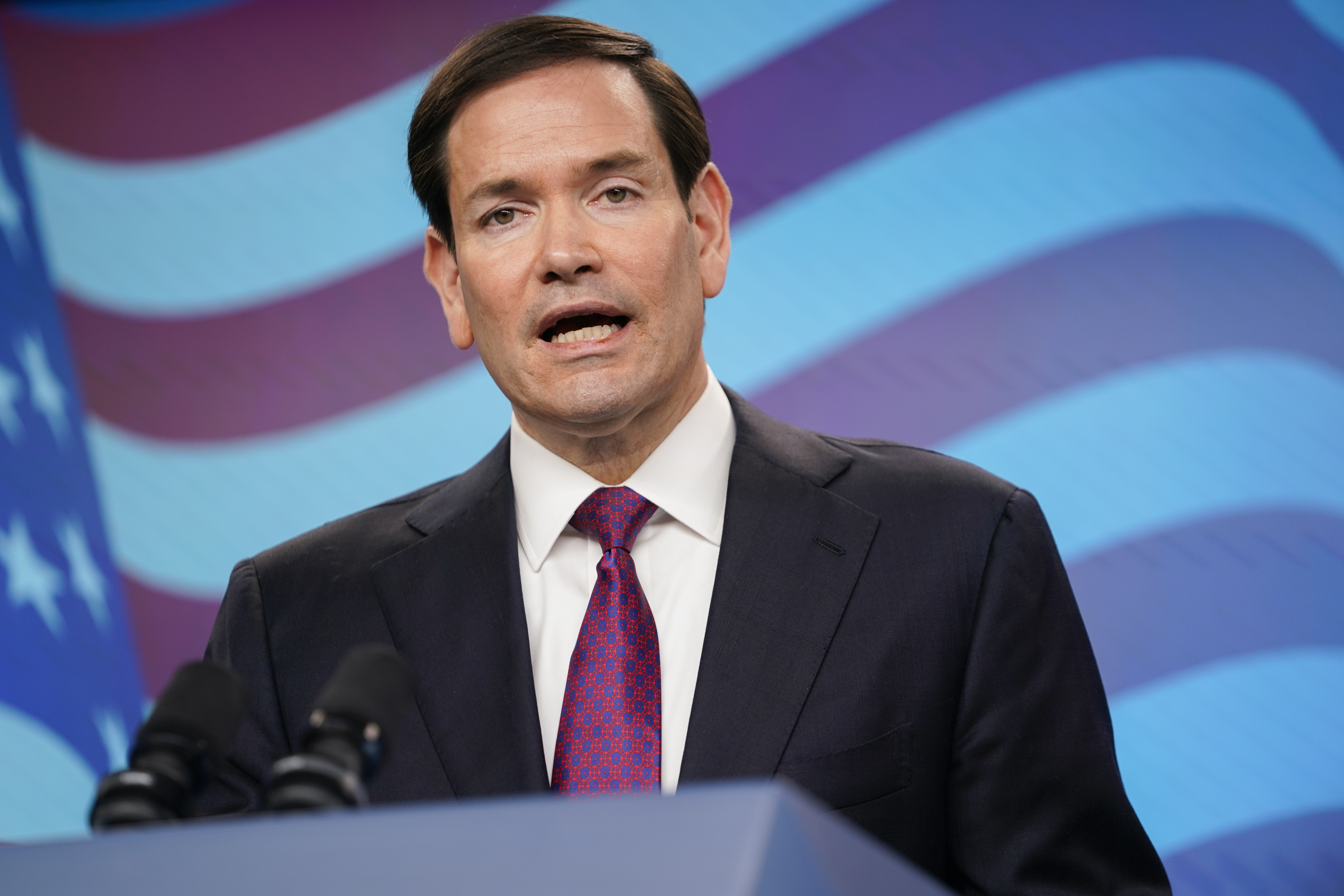 U.S. Secretary of State Marco Rubio speaks during a joint press conference with Israeli Prime Minister Benjamin Netanyahu (not pictured) at the Prime Minister's Office, during his visit, in Jerusalem, Monday, Sept. 15, 2025. (Nathan Howard - Pool Reuters)