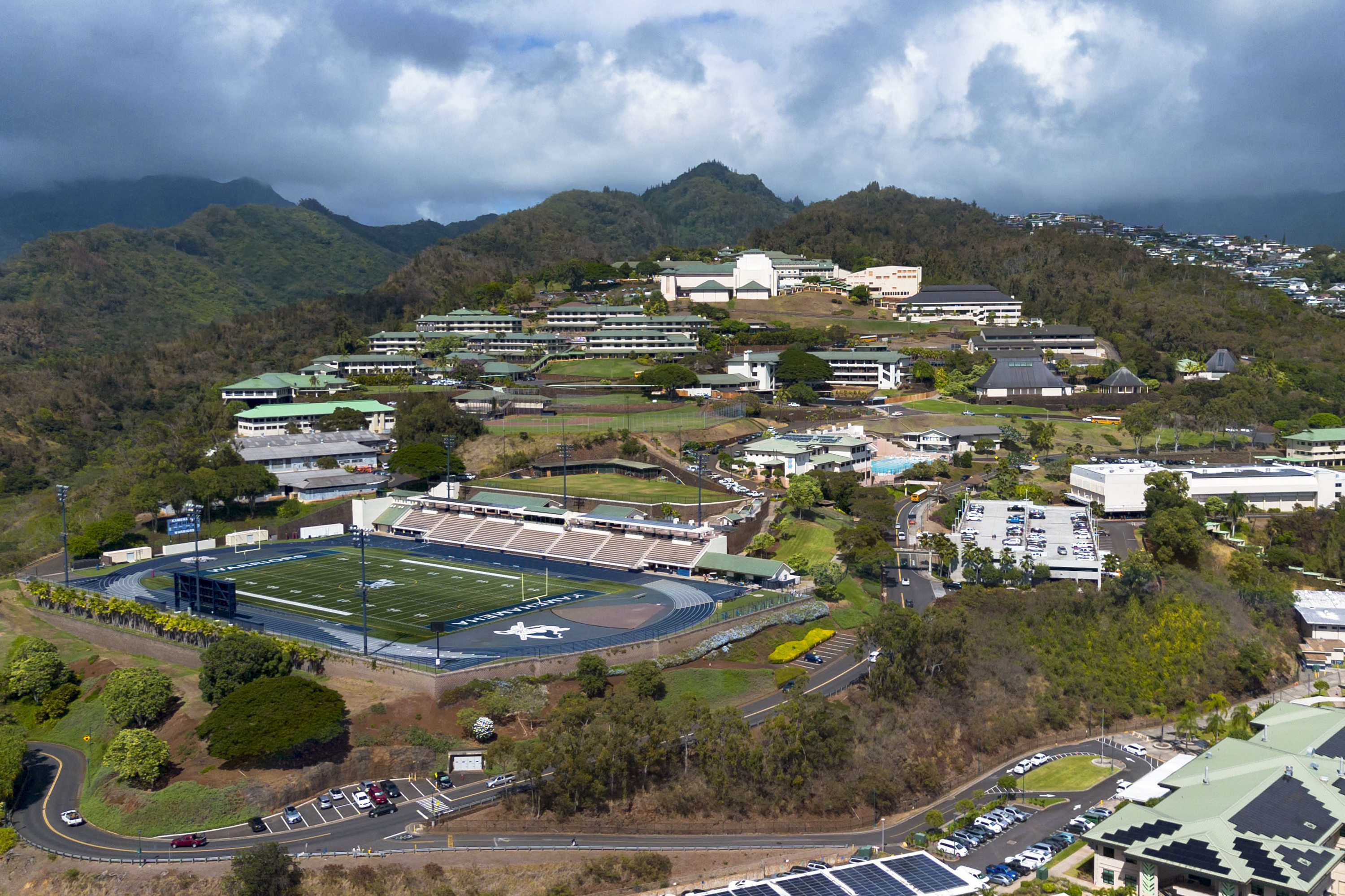 An aerial view shows the Kamehameha Schools campu in Honolulu, on Thursday, Sept. 11, 2025. (Mengshin Lin - FR172028 AP)