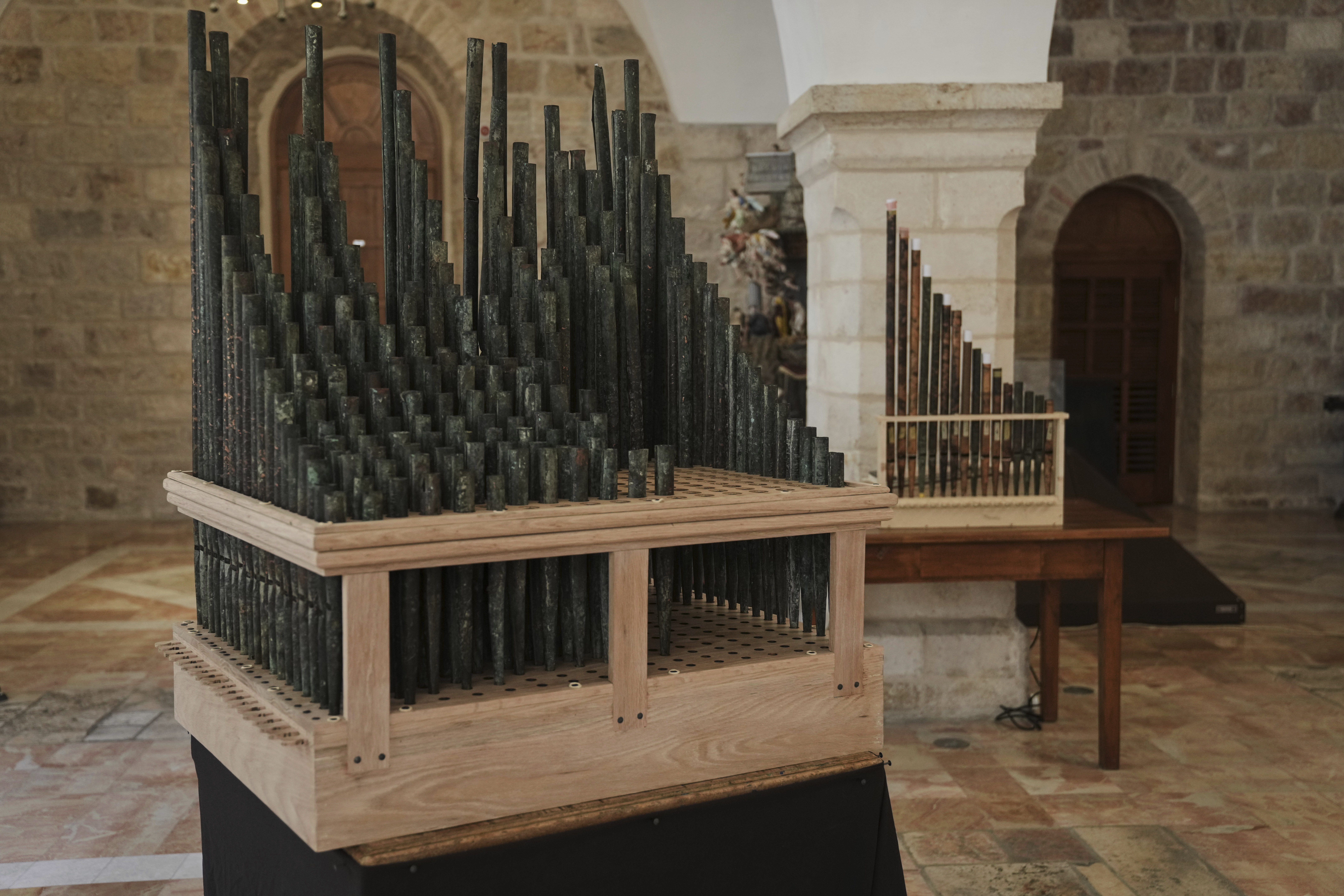 An 11th-century organ that researchers say is the oldest in the Christian world was played for the first time in 800 years after restoration, is on display in Saint Savior's Monastery of Jerusalem's Old City, Tuesday, Sept. 9, 2025. (Mahmoud Illean - AP)