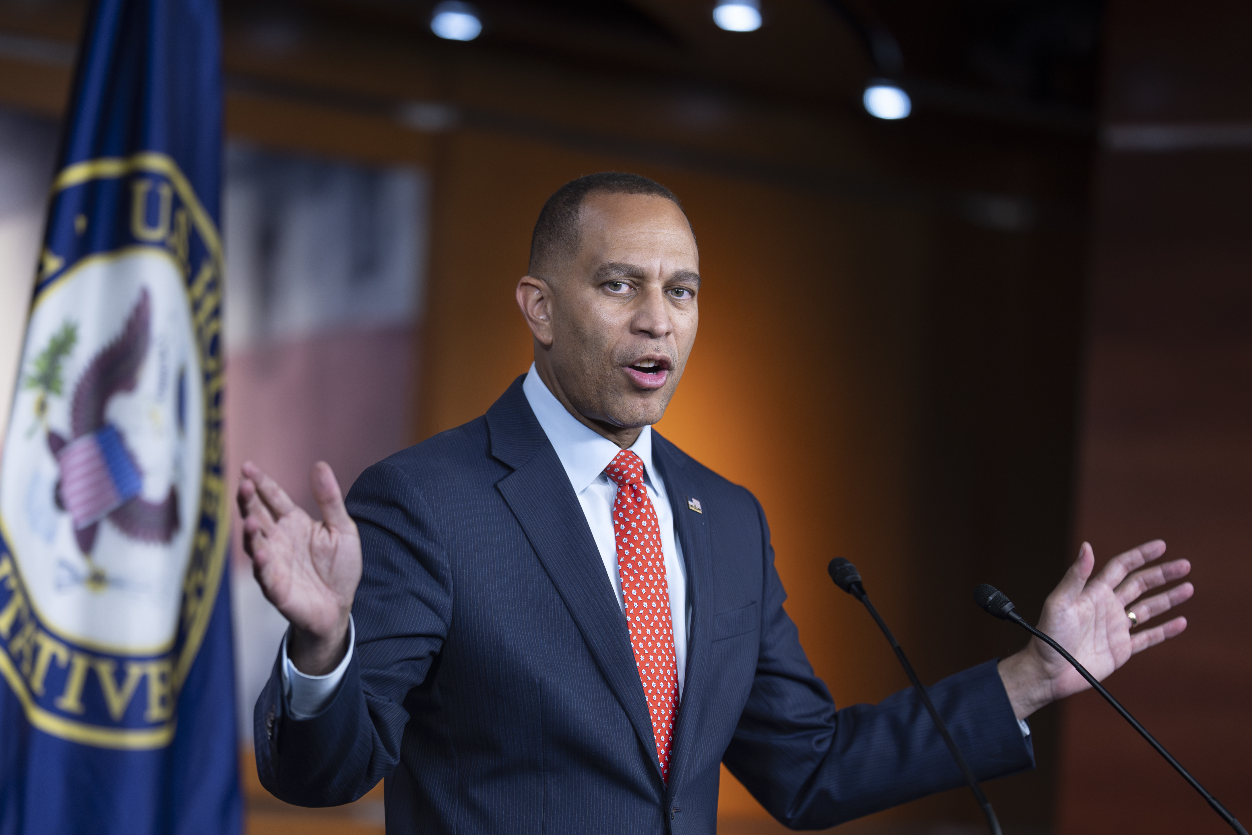 House Minority Leader Hakeem Jeffries, D-N.Y., tells reporters that Republicans are jeopardizing health care for Americans with their policies and their strategy to fund the government before the deadline at the end of the month, at the Capitol in Washington, Tuesday, Sept. 16, 2025. (J. Scott Applewhite - AP)