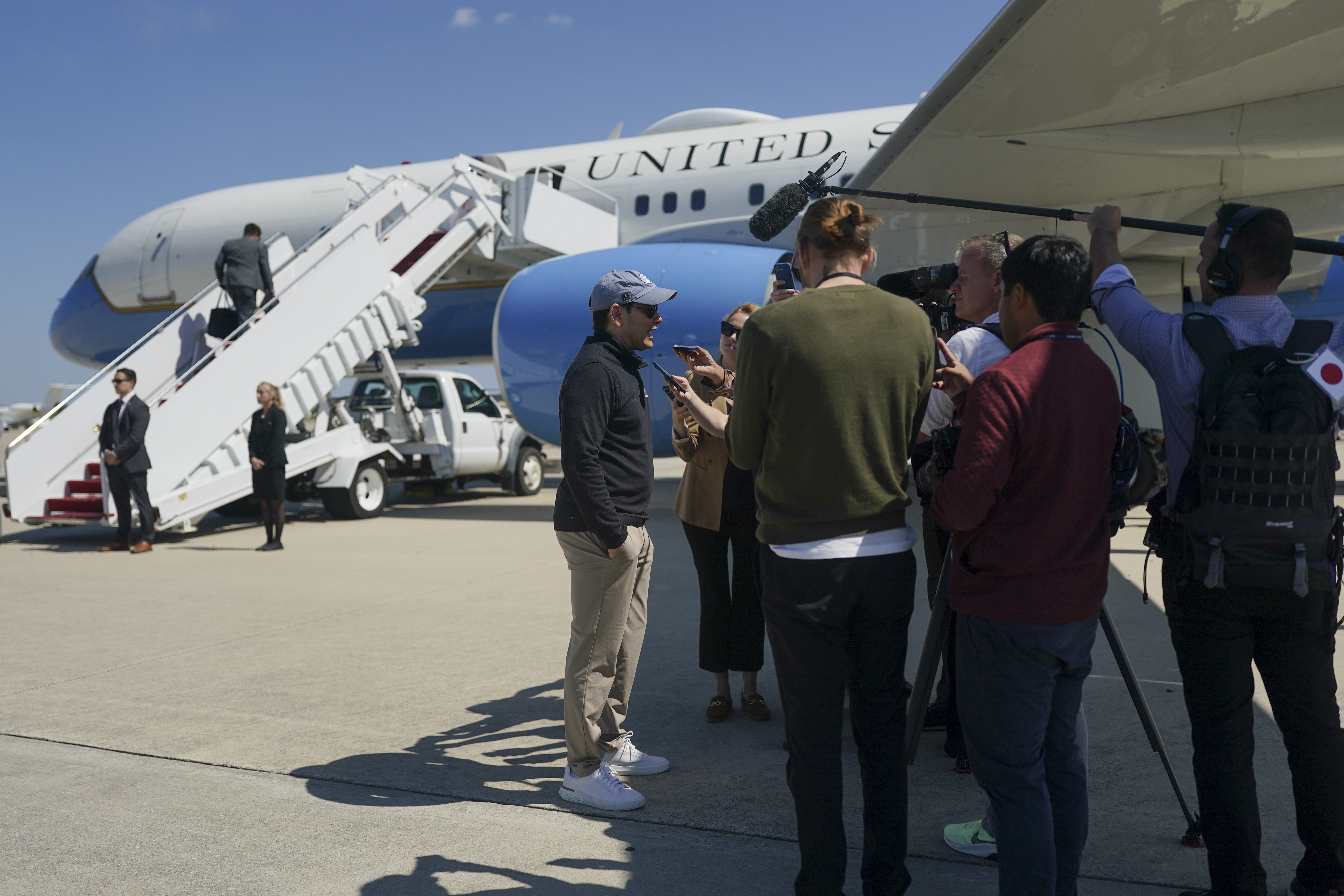Secretary of State Marco Rubio speaks with members of the media before departing for Israel at Joint Base Andrews, Md., Saturday, Sept. 13, 2025. (Nathan Howard - POOL REUTERS)
