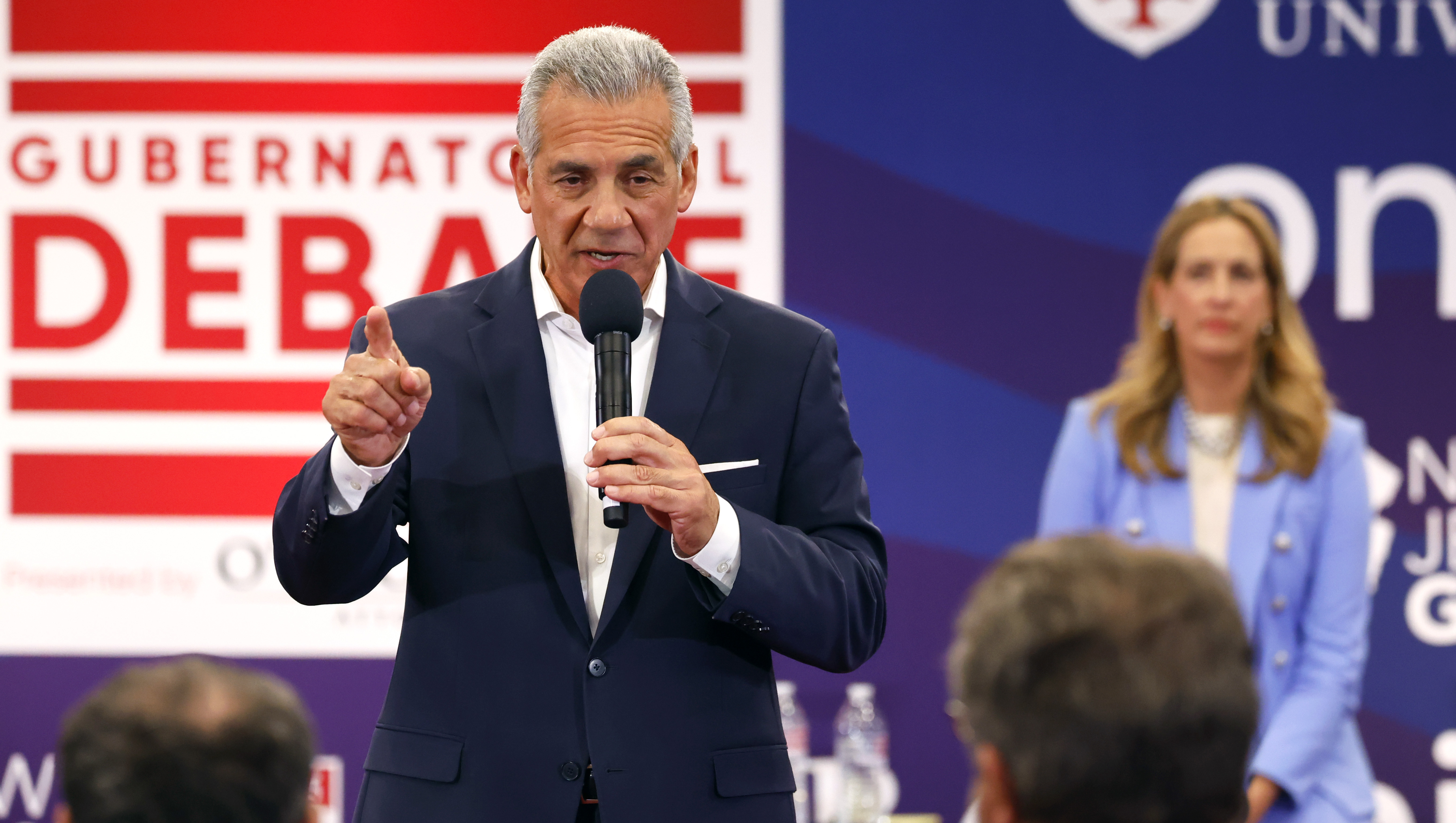 Republican Jack Ciattarelli responds to questions during the first general election gubernatorial debate with Democrat Mikie Sherrill, Sunday, Sept. 21, 2025, in Lawrenceville, N.J. (Noah K. Murray - FR171374 AP)