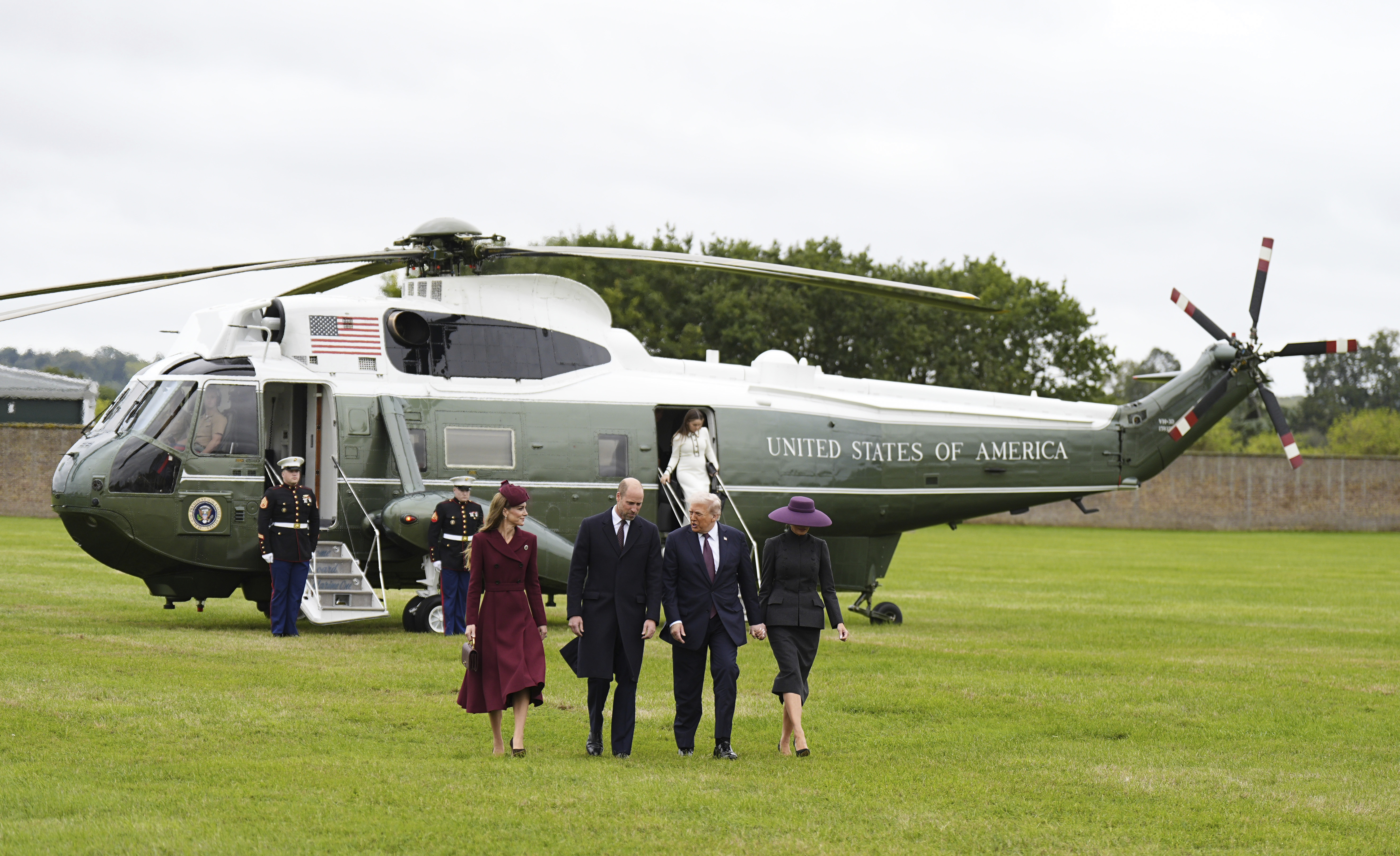 Britain's Prince William and Kate, Princess of Wales, left, receive President Donald Trump and first lady Melania Trump at Windsor Castle in Windsor, England, Wednesday Sept. 17, 2025. (Aaron Chown - Pool PA)