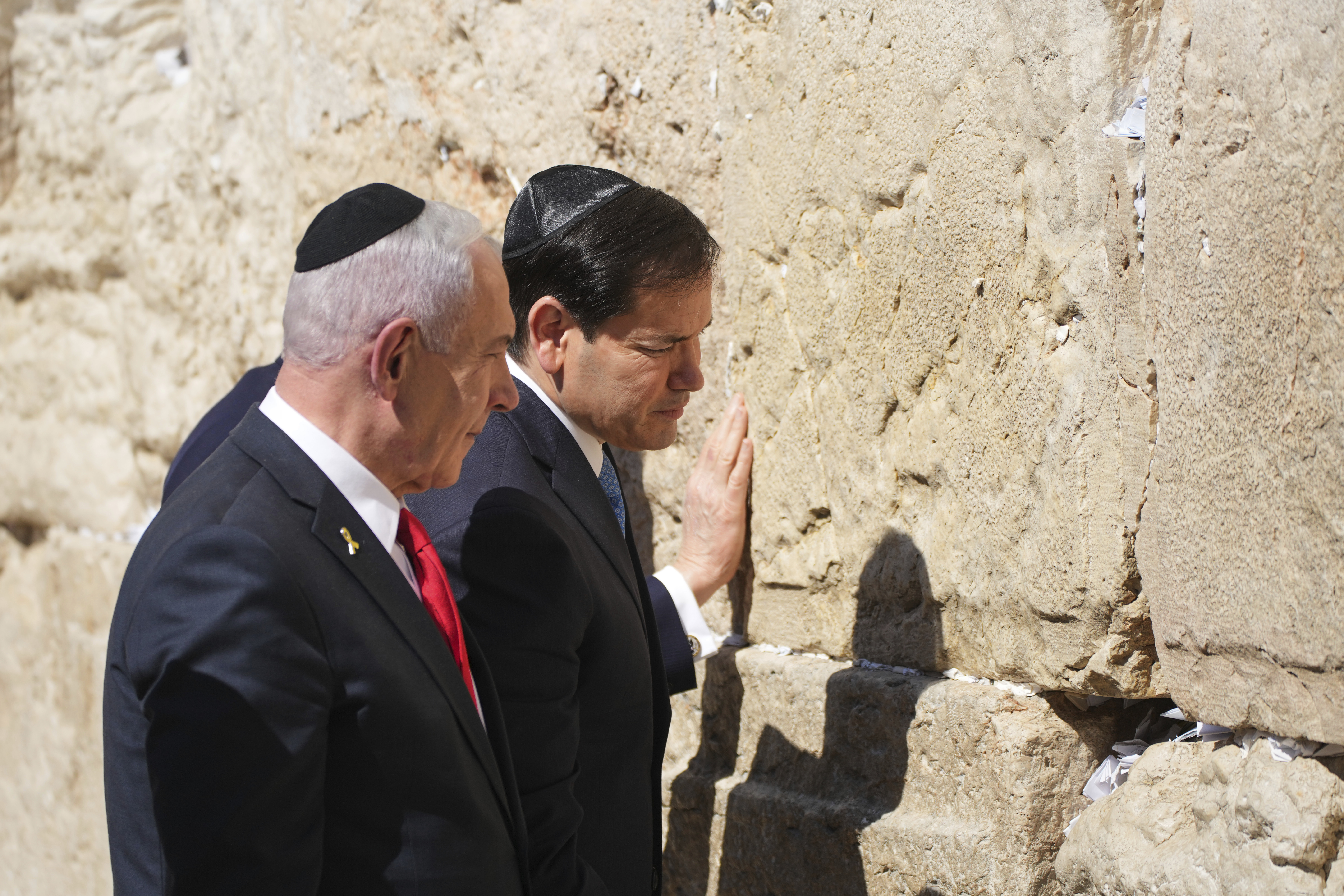 Israeli Prime Minister Benjamin Netanyahu, left, and U.S. Secretary of State Marco Rubio visit the Western Wall, the holiest site where Jews can pray, in the Old City of Jerusalem Sunday, Sept. 14, 2025. (Ariel Schalit - AP)