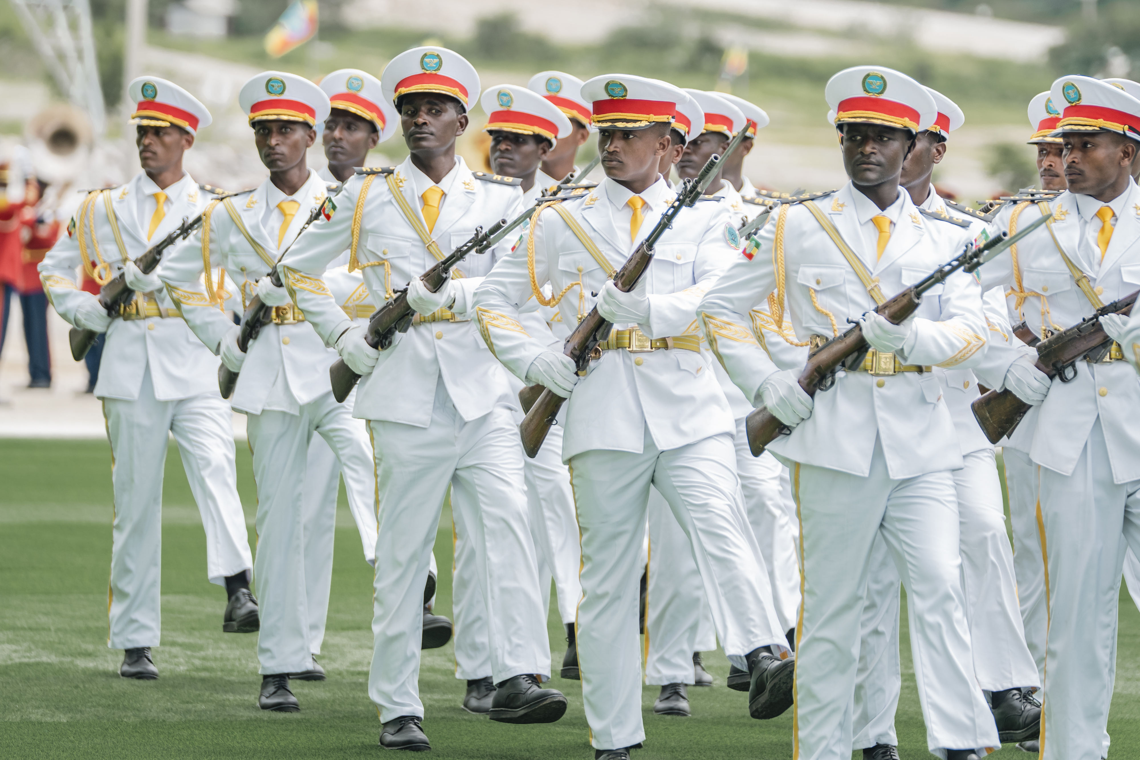 Members of Ethiopian National Defense Force parade during the inauguration of the Grand Ethiopian Renaissance Dam in Benishangul-Gumuz, Ethiopia, Tuesday, Sept. 9, 2025. (Uncredited - AP)