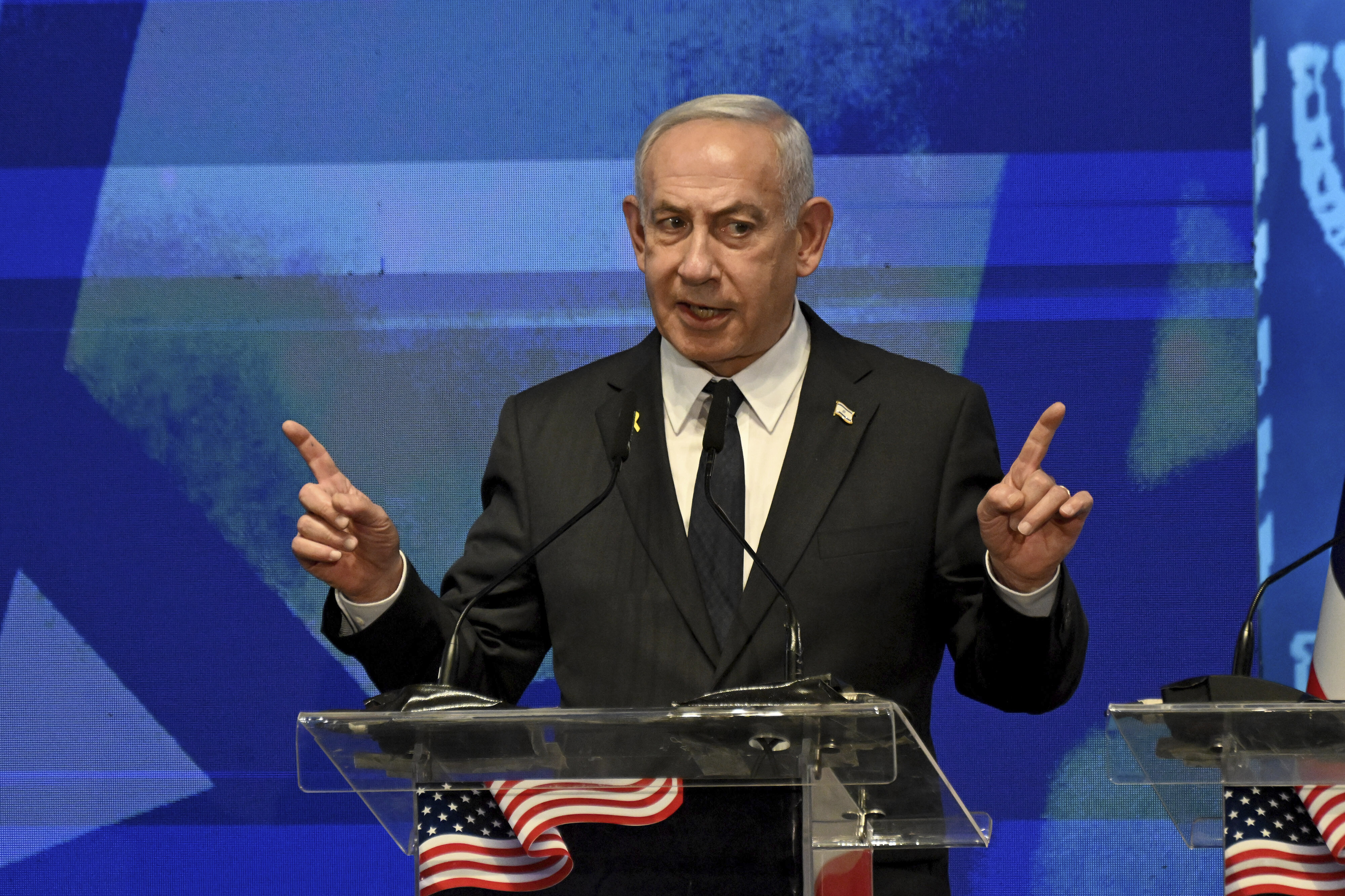 Israeli Prime Minister Benjamin Netanyahu speaks at the opening event of the bipartisan delegation of American legislators to Israel in Jerusalem, Monday, Sept. 15, 2025. (Debbie Hill - Pool UPI)