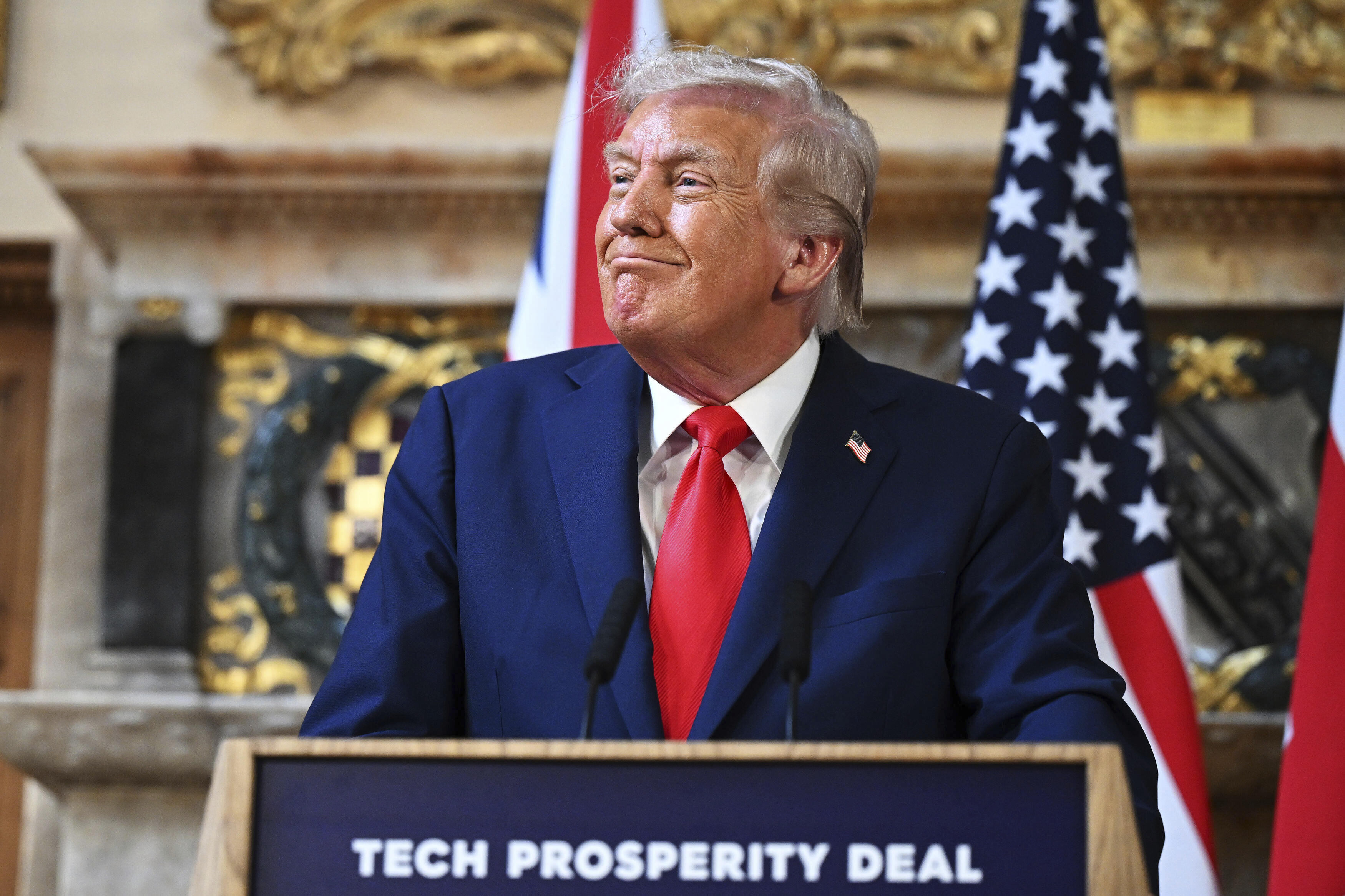 President Donald Trump attends a joint press conference with Britain's Prime Minister Keir Starmer at Chequers near Aylesbury, England, Thursday, Sept. 18, 2025. (Leon Neal - POOL Pool Getty Images)