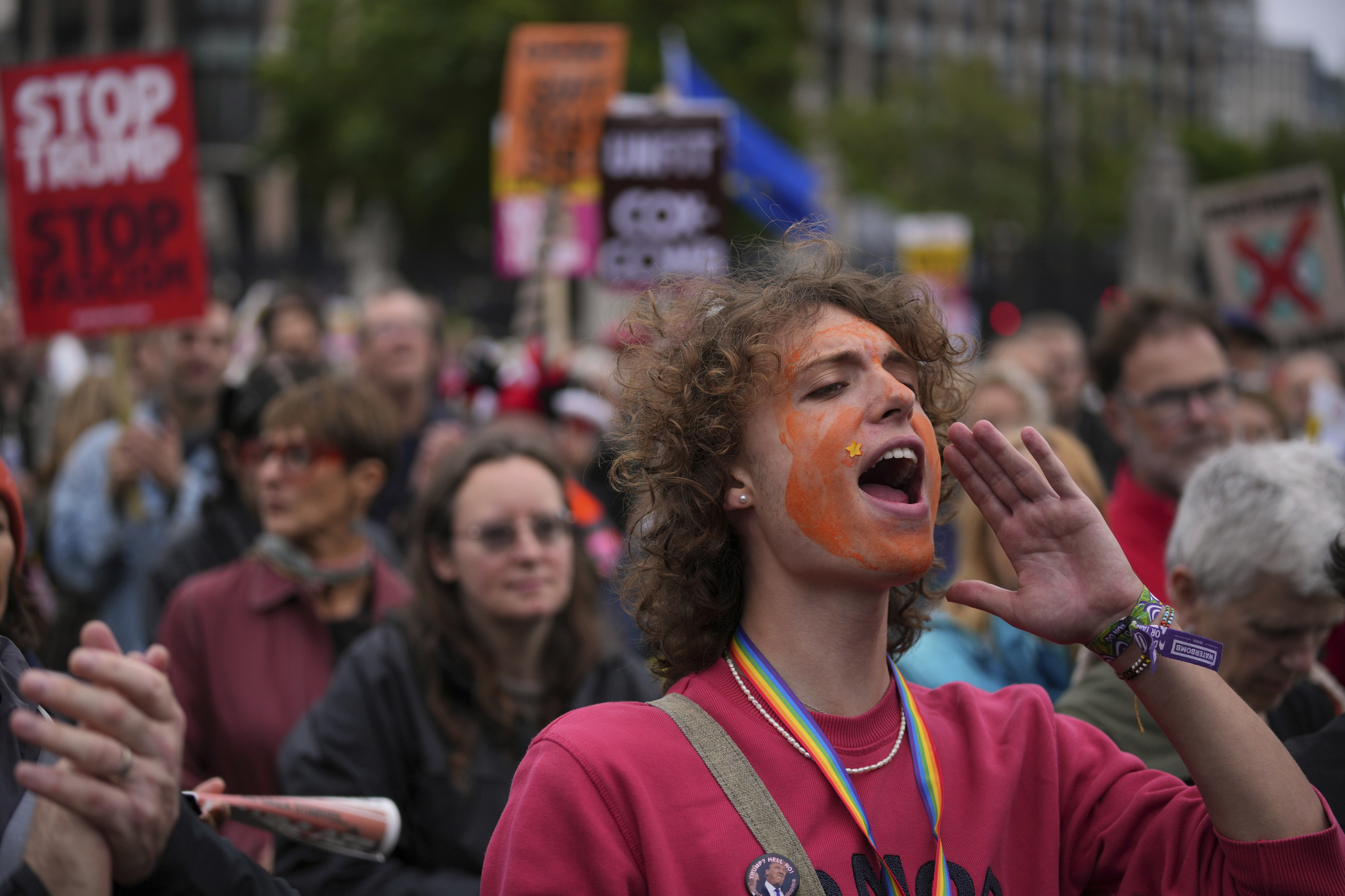 Stop Trump Coalition campaigners take part in a protest march against President Donald Trump's state visit in London, Wednesday, Sept. 17, 2025. (Kin Cheung - AP)