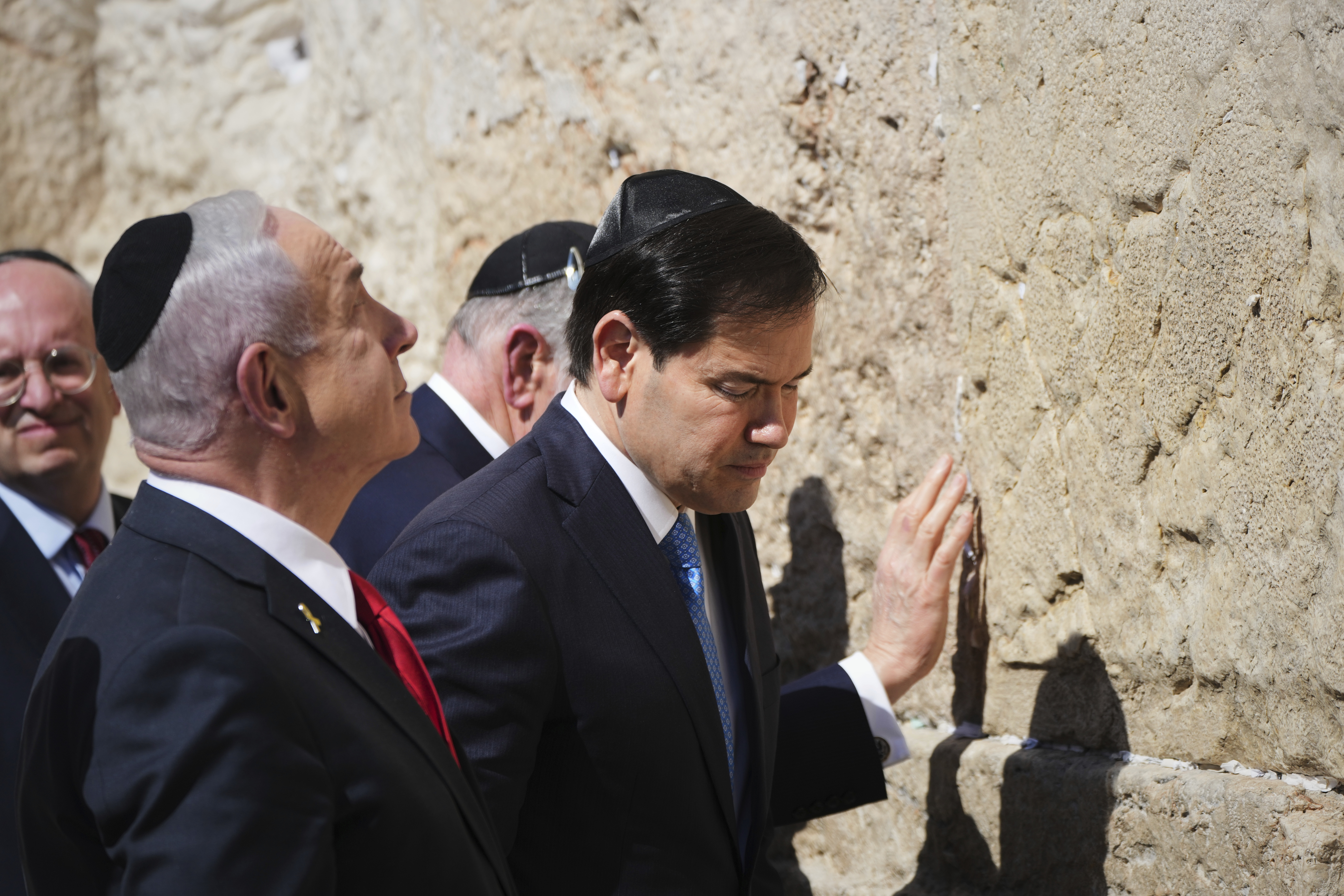 Israeli Prime Minister Benjamin Netanyahu, left, and U.S. Secretary of State Marco Rubio visit the Western Wall, the holiest site where Jews can pray, in the Old City of Jerusalem Sunday, Sept. 14, 2025. (Ariel Schalit - AP)