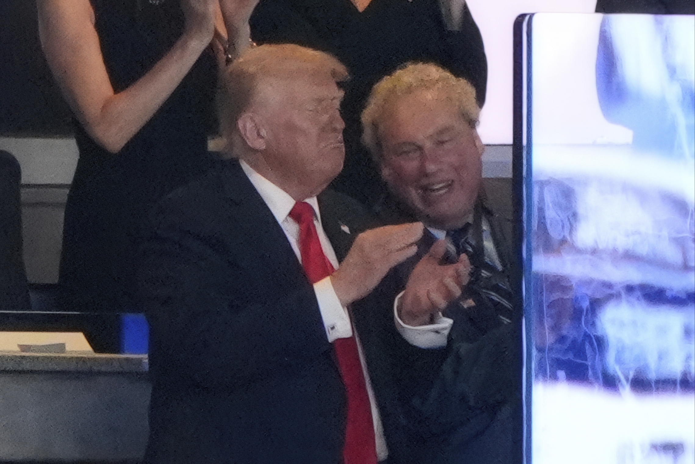 President Donald Trump attends a Detroit Tigers against the New York Yankees baseball game, Thursday, Sept. 11, 2025, in New York, with Yankees president Randy Levine. (Alex Brandon - AP)