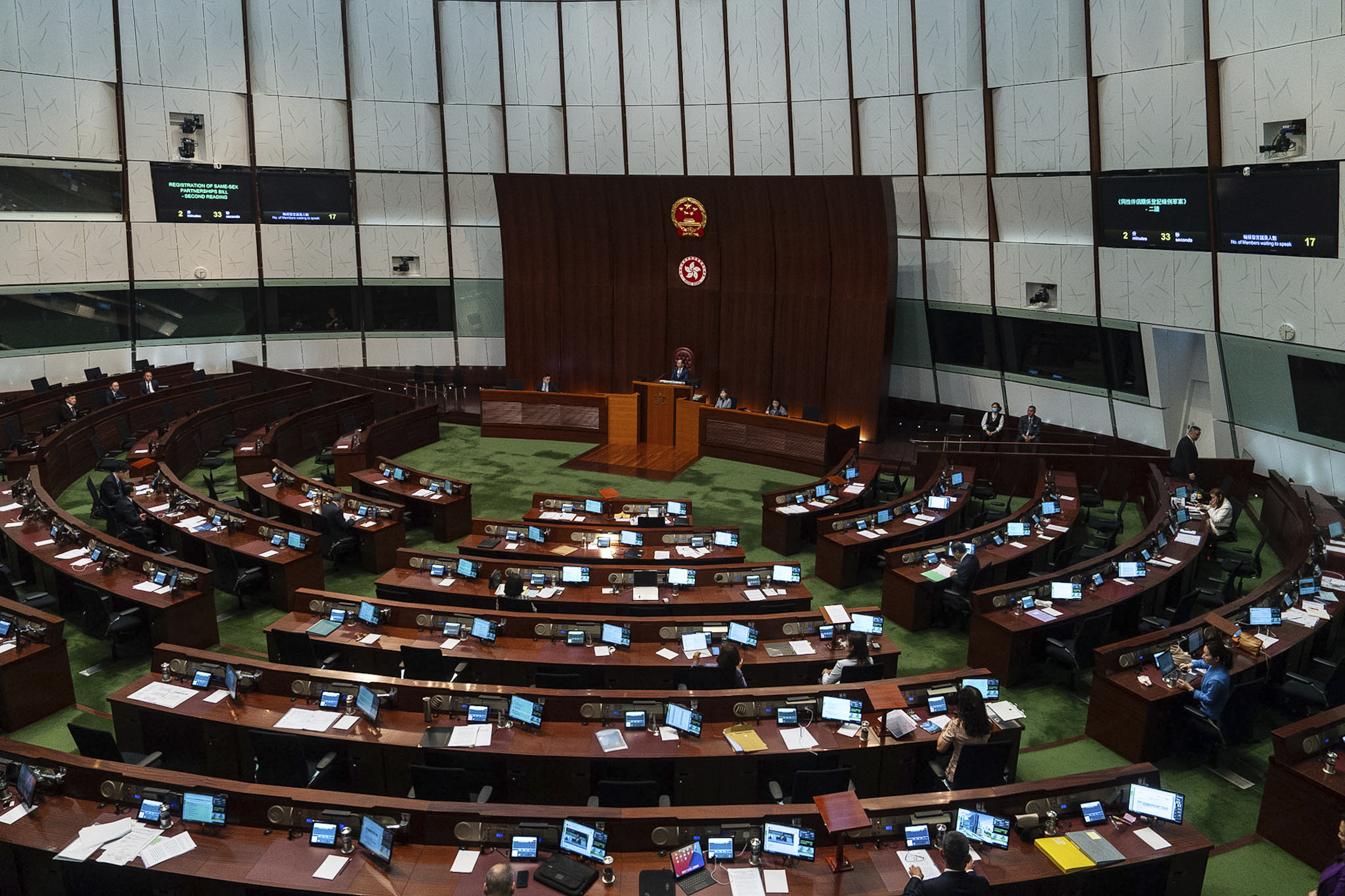 Lawmakers resume debate on a government bill that proposed to grant recognition to same-sex in Hong Kong, Wednesday, Sept. 10, 2025. (Chan Long Hei - AP)