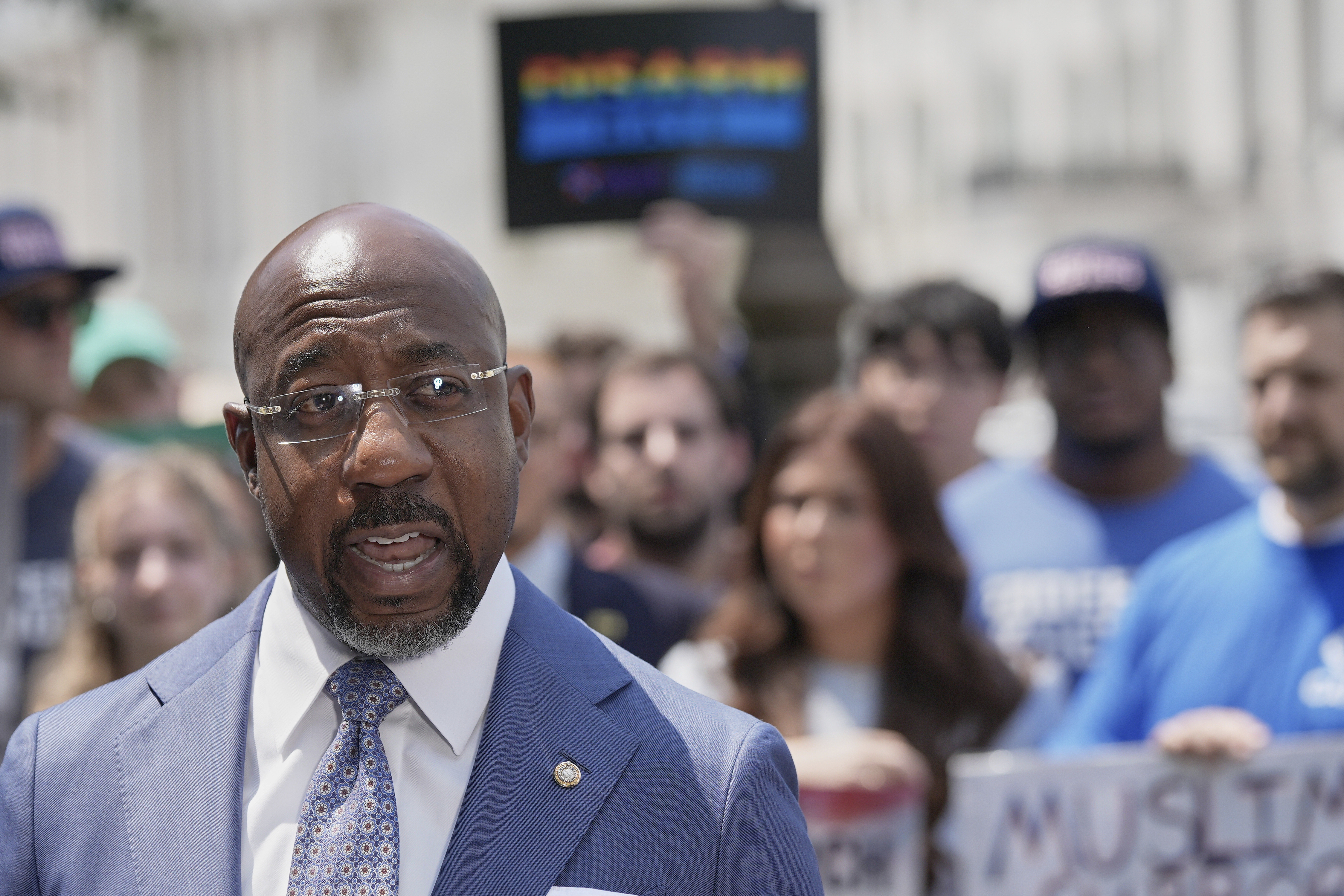 FILE - Sen. Raphael Warnock, D-Ga., speaks during a news conference on the Voting Rights Advancement Act, on Capitol Hill Tuesday, July 29, 2025, in Washington. (Mariam Zuhaib - AP)