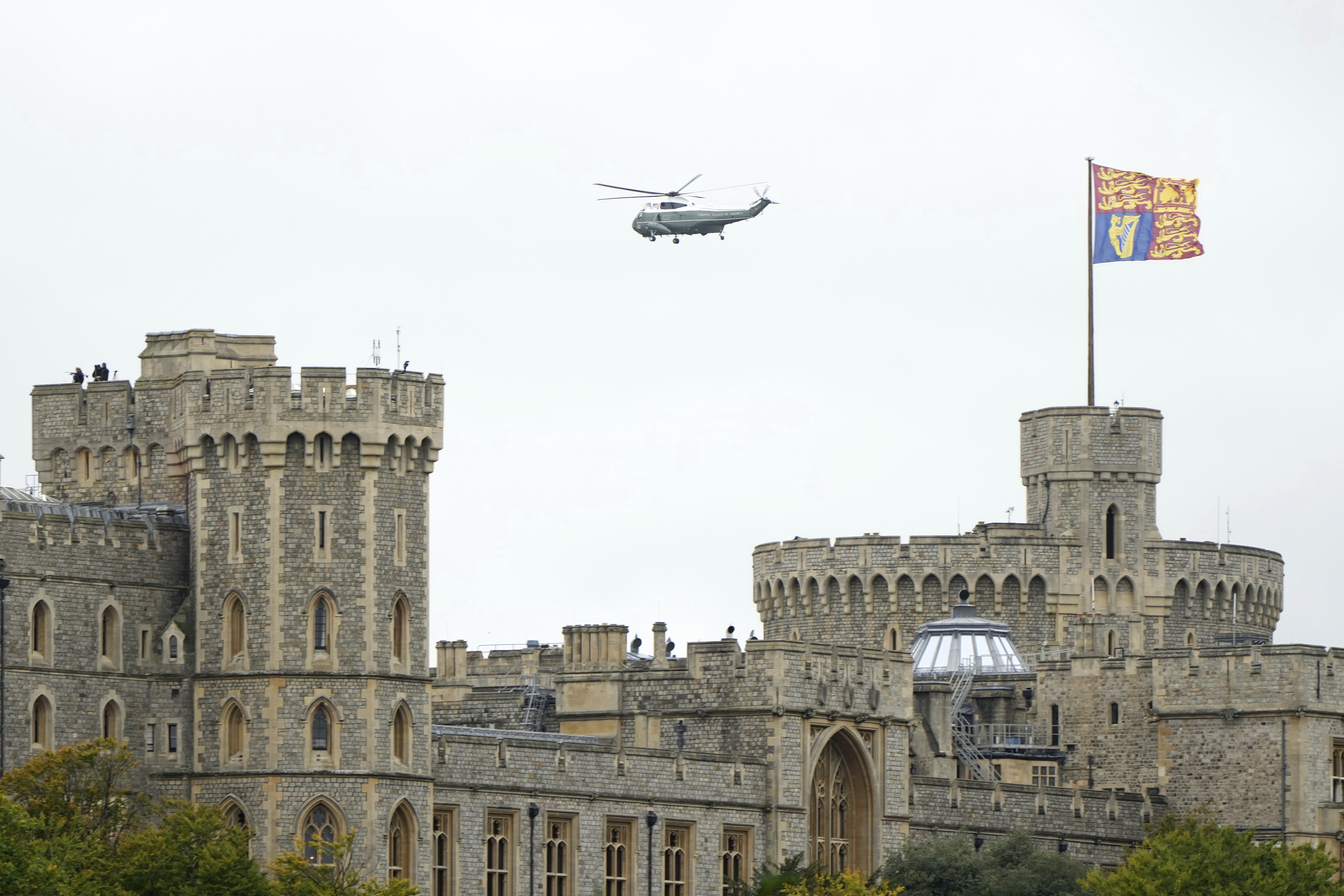 A helicopter believed to have President Donald Trump and first lady Melania Trump on board approaches landing at Windsor Castle in Windsor, England, Wednesday, Sept. 17, 2025. (Alastair Grant - AP)