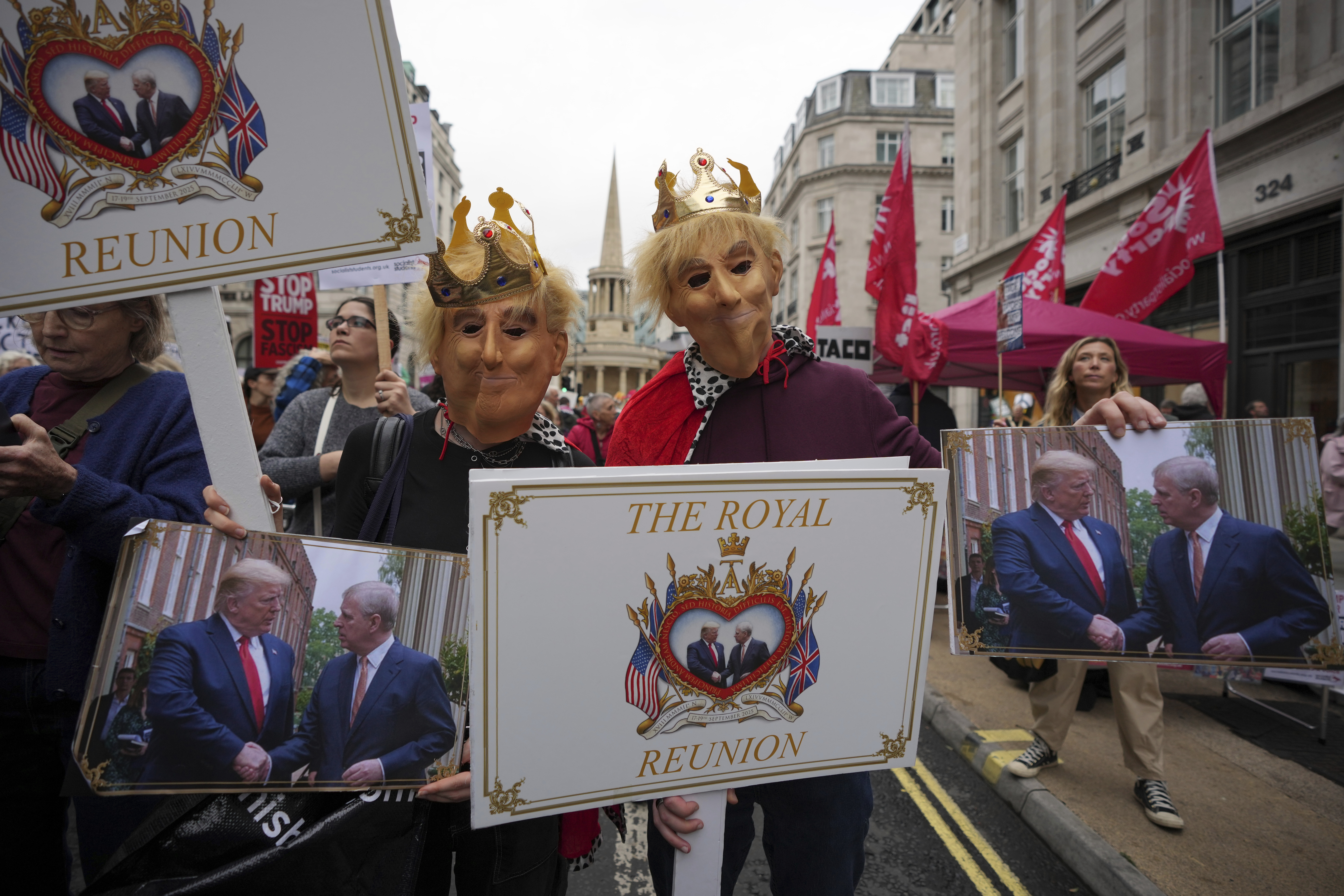 Protesters wear royal costumes during a demonstration of the Stop Trump Coalition group against President Donald Trump's state visit in London, Wednesday, Sept. 17, 2025. (Kin Cheung - AP)