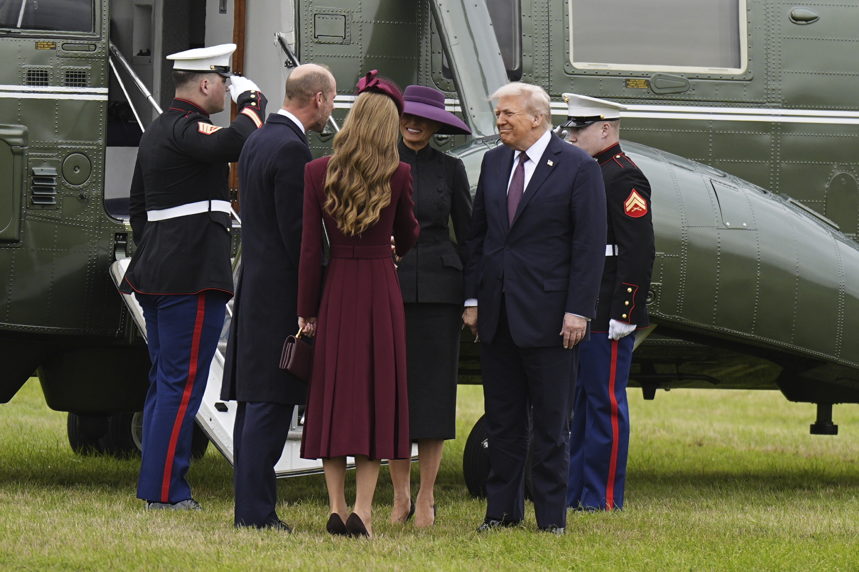 Britain's Prince William and Kate, Princess of Wales, left, receive President Donald Trump and first lady Melania Trump at Windsor Castle in Windsor, England, Wednesday Sept. 17, 2025. (Aaron Chown - Pool PA)
