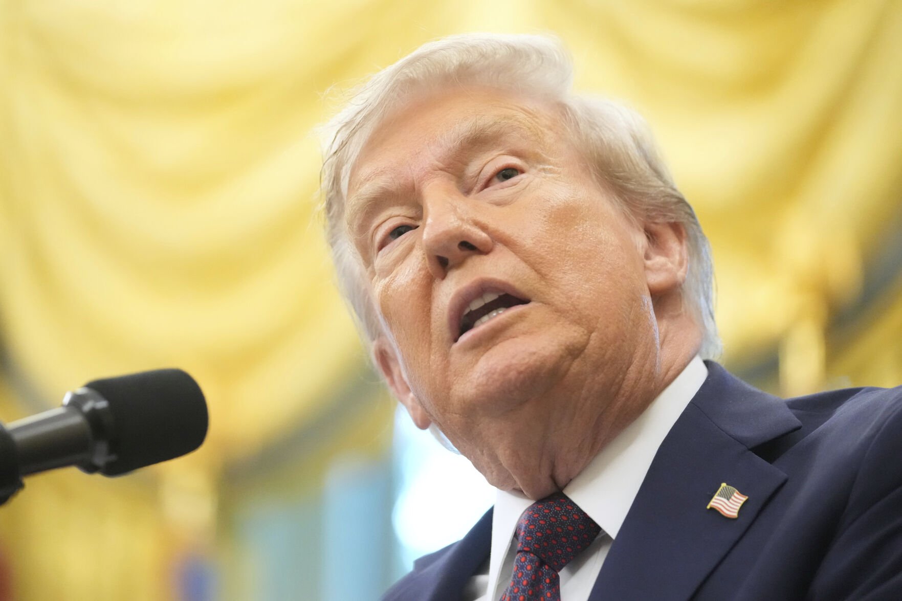 President Donald Trump speaks during an event about the relocation of U.S. Space Command headquarters from Colorado to Alabama in the Oval Office of the White House, Tuesday, Sept. 2, 2025, in Washington. (Mark Schiefelbein - AP)